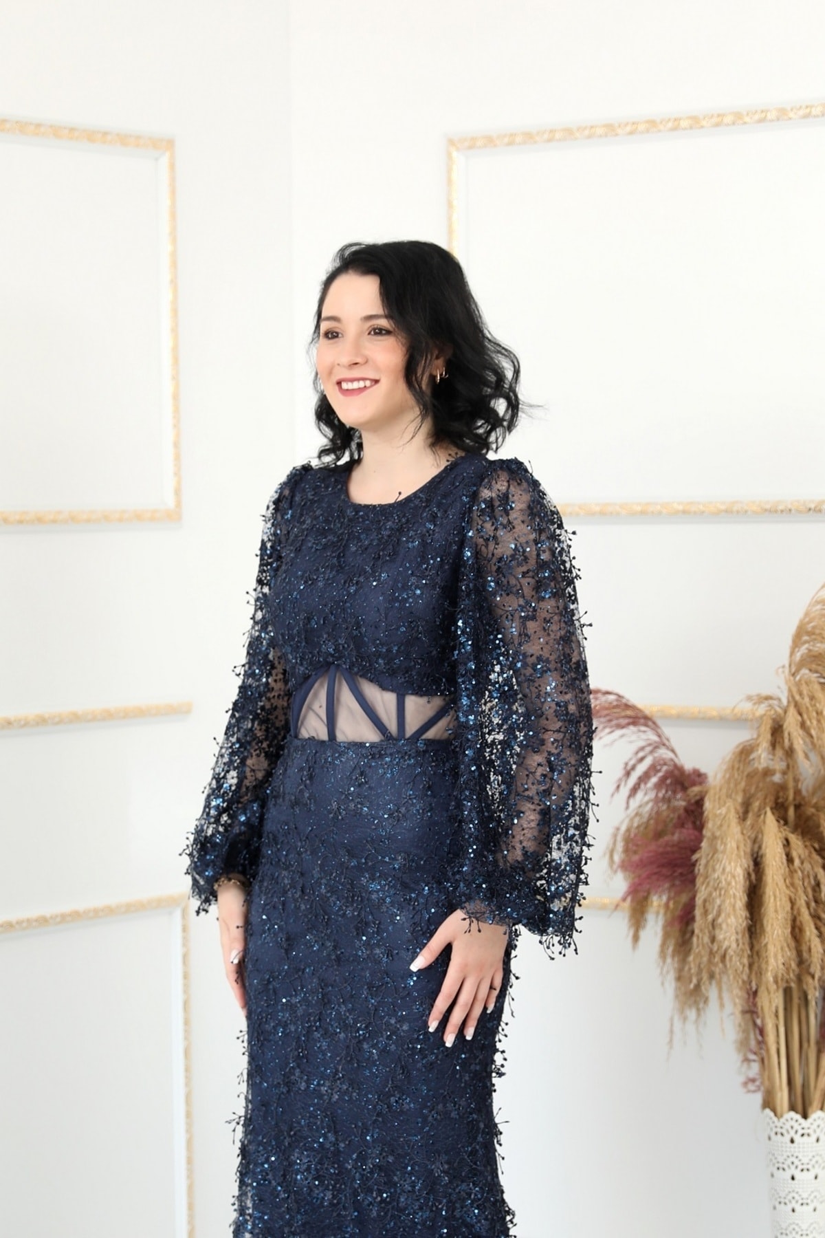 Taille transparenter Gürtel V-Ausschnitt Sena Abendkleid Fuchsia