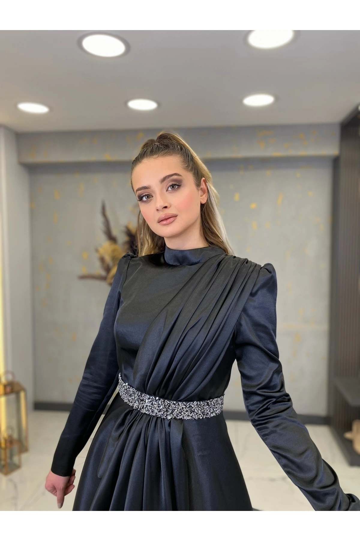 Taş Kemerli Suna Tesettür Abiye - siyah