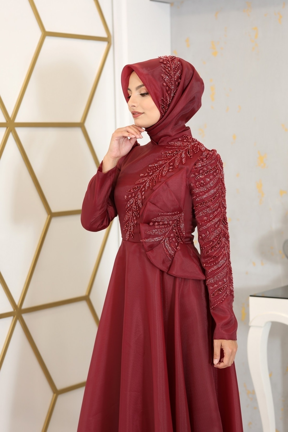 Neck Stone Hazal Evening Dress Beige