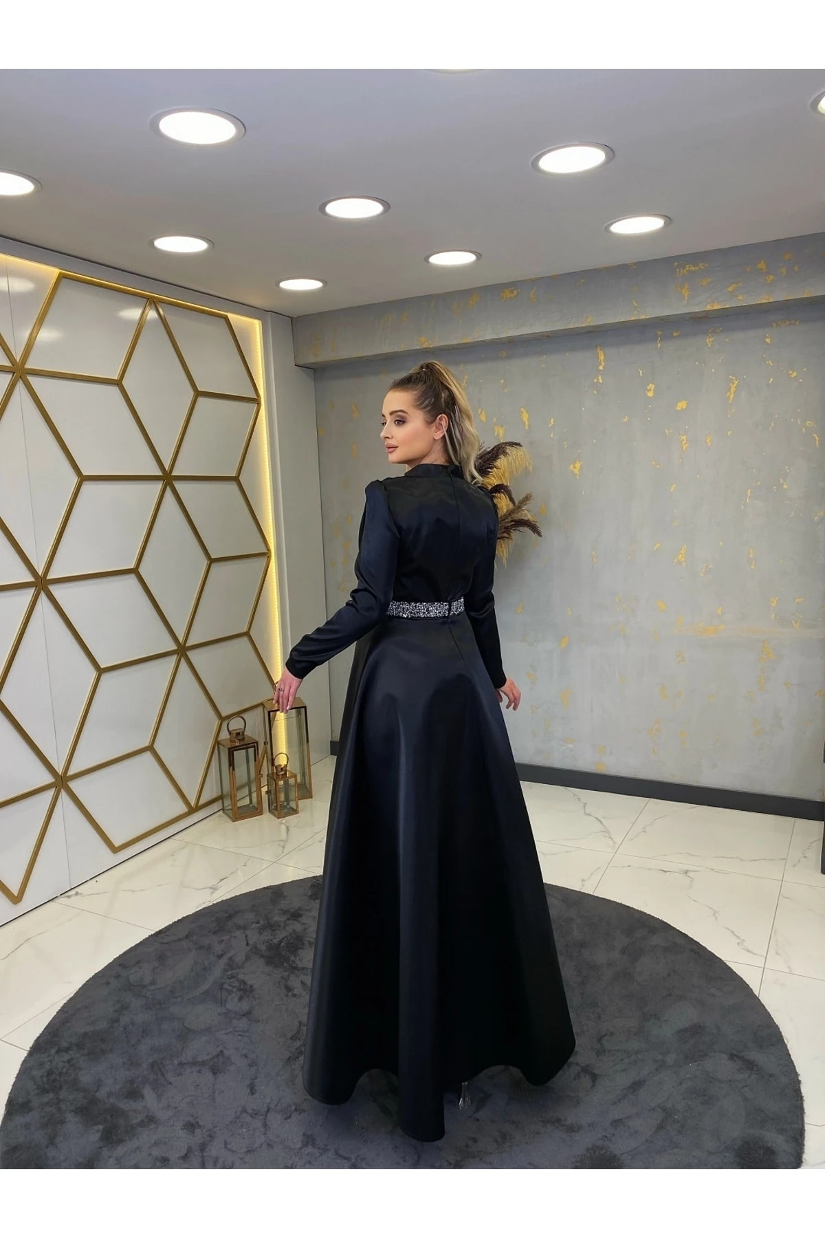 Taş Kemerli Suna Tesettür Abiye - siyah