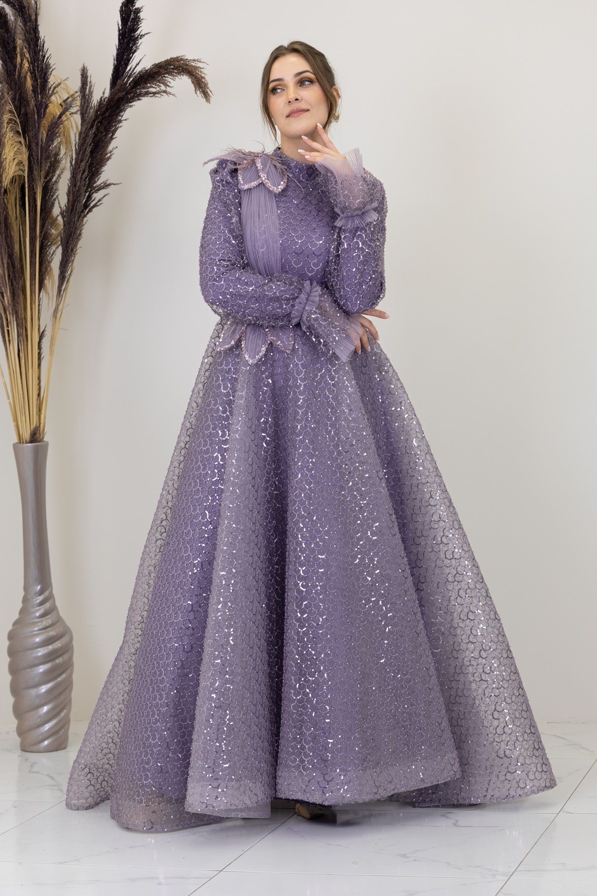 Adel Evening Dress with Flower Details on the Shoulders and Waist
