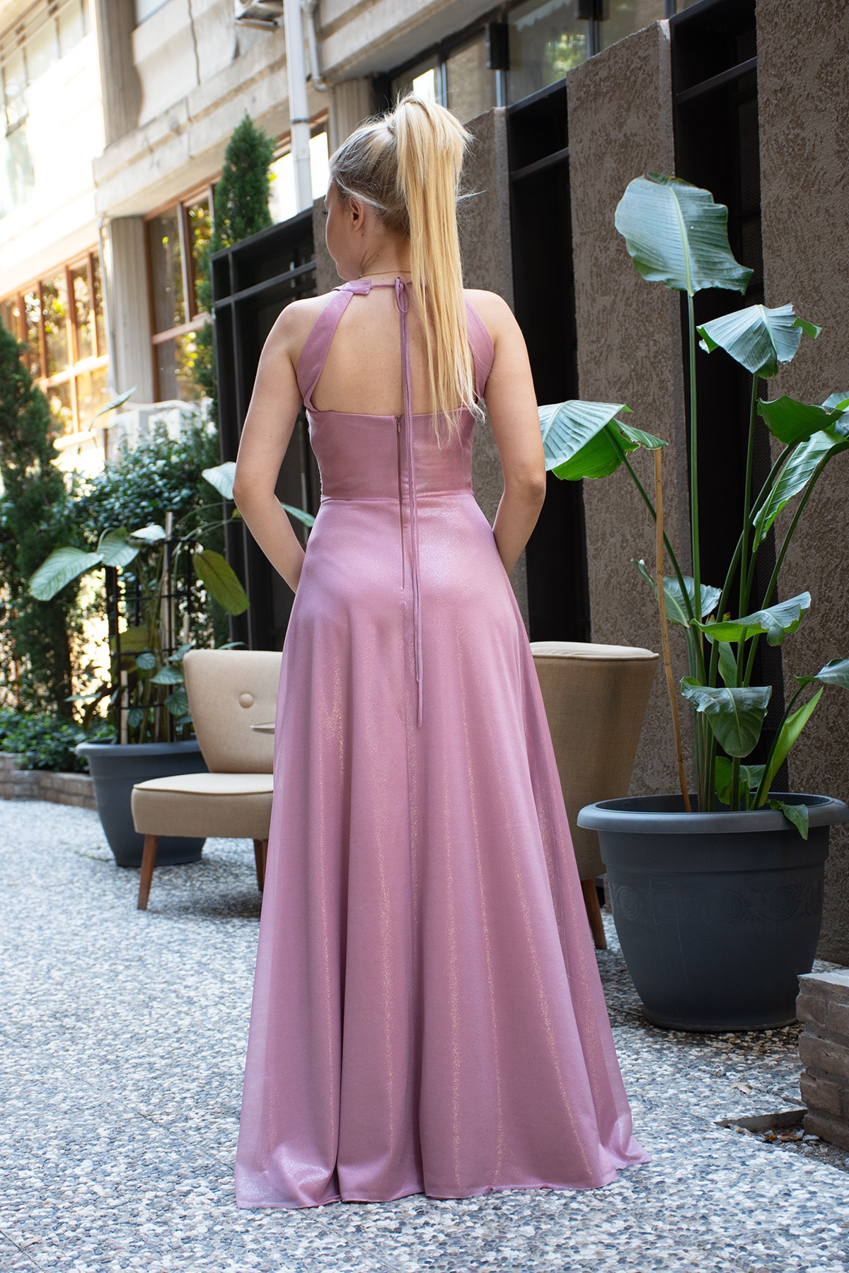 Perla Evening Dress with Waist Gatherings and Side Slits