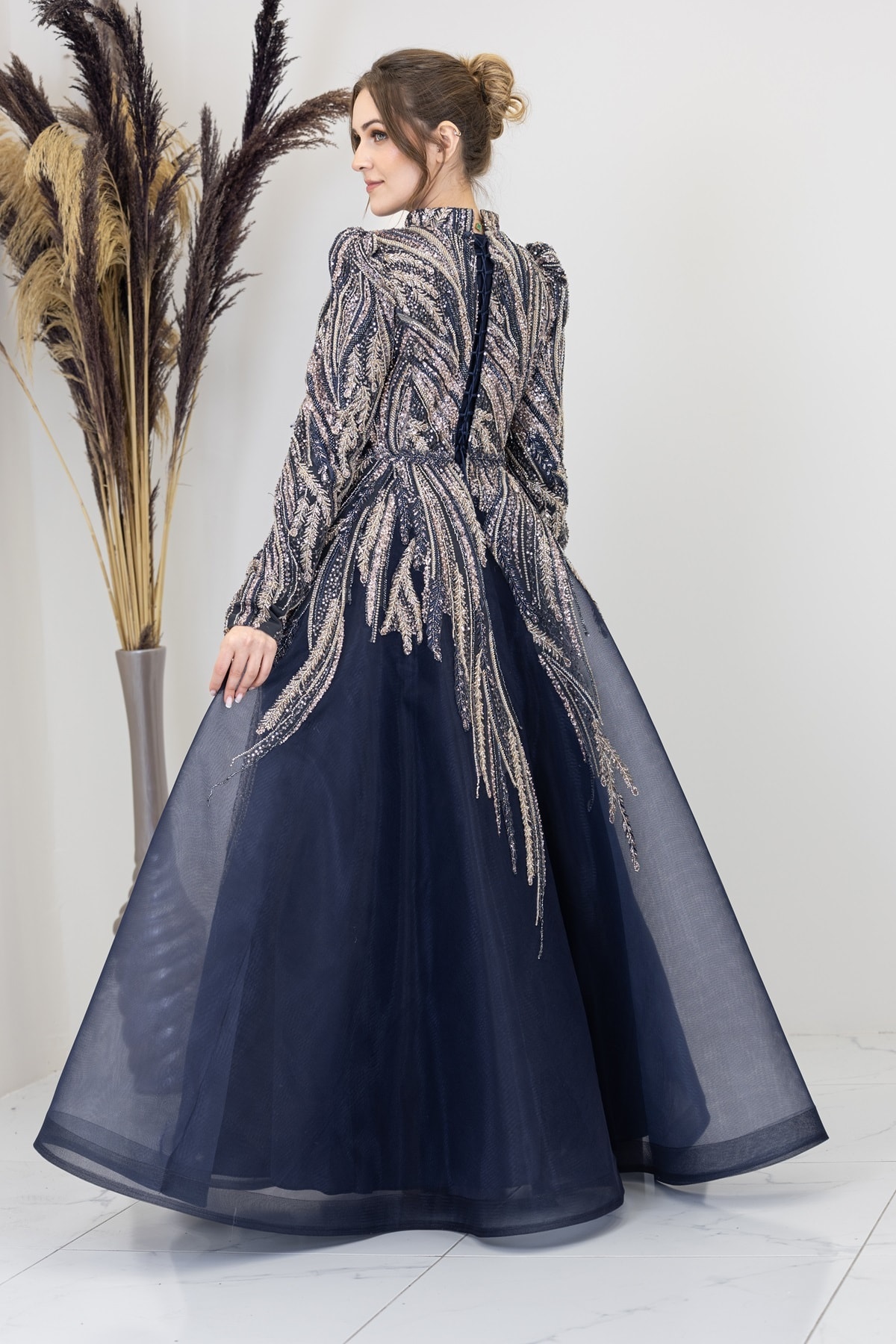 Kübra Evening Dress with Draped Front and Applique Embroidery