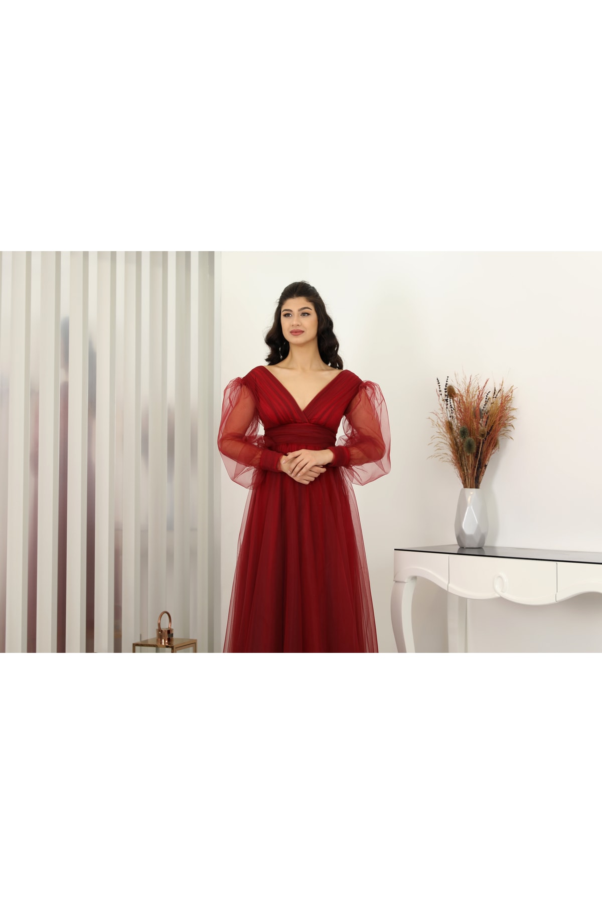 V-Neck Zeren Tulle Evening Dress Burgundy