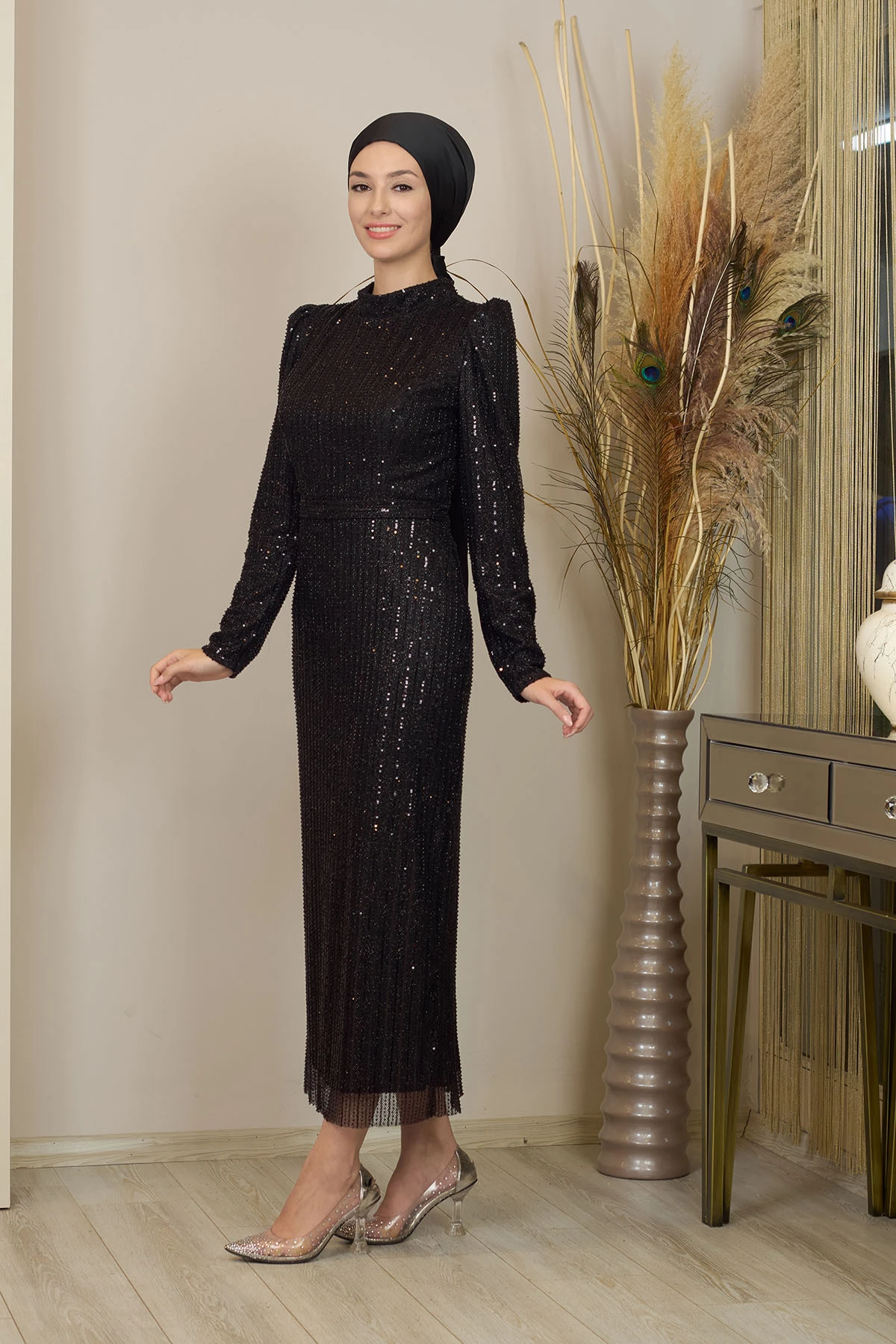 Tül Boncuk İşlemeli Bilek Boy  Asel Abiye - siyah