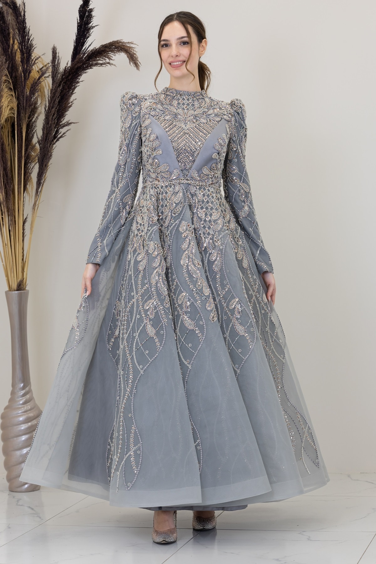 Applique Embroidered Leaf Evening Dress