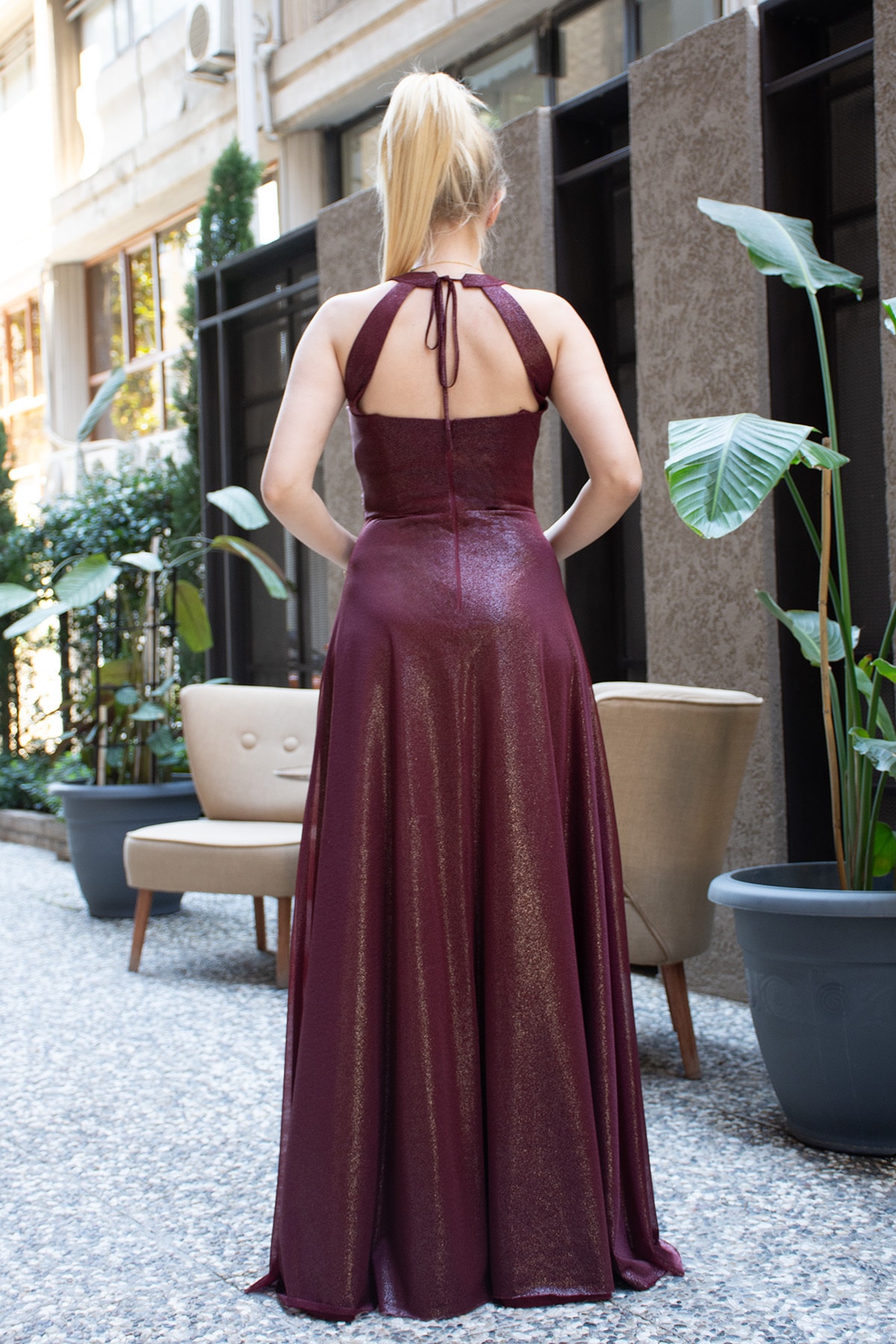 Perla Evening Dress with Waist Gatherings and Side Slits
