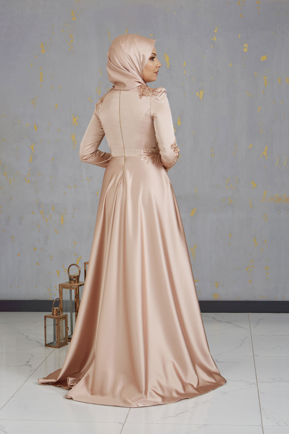 Karaca Hijab Evening Dress with Draped Front and Applique Gold