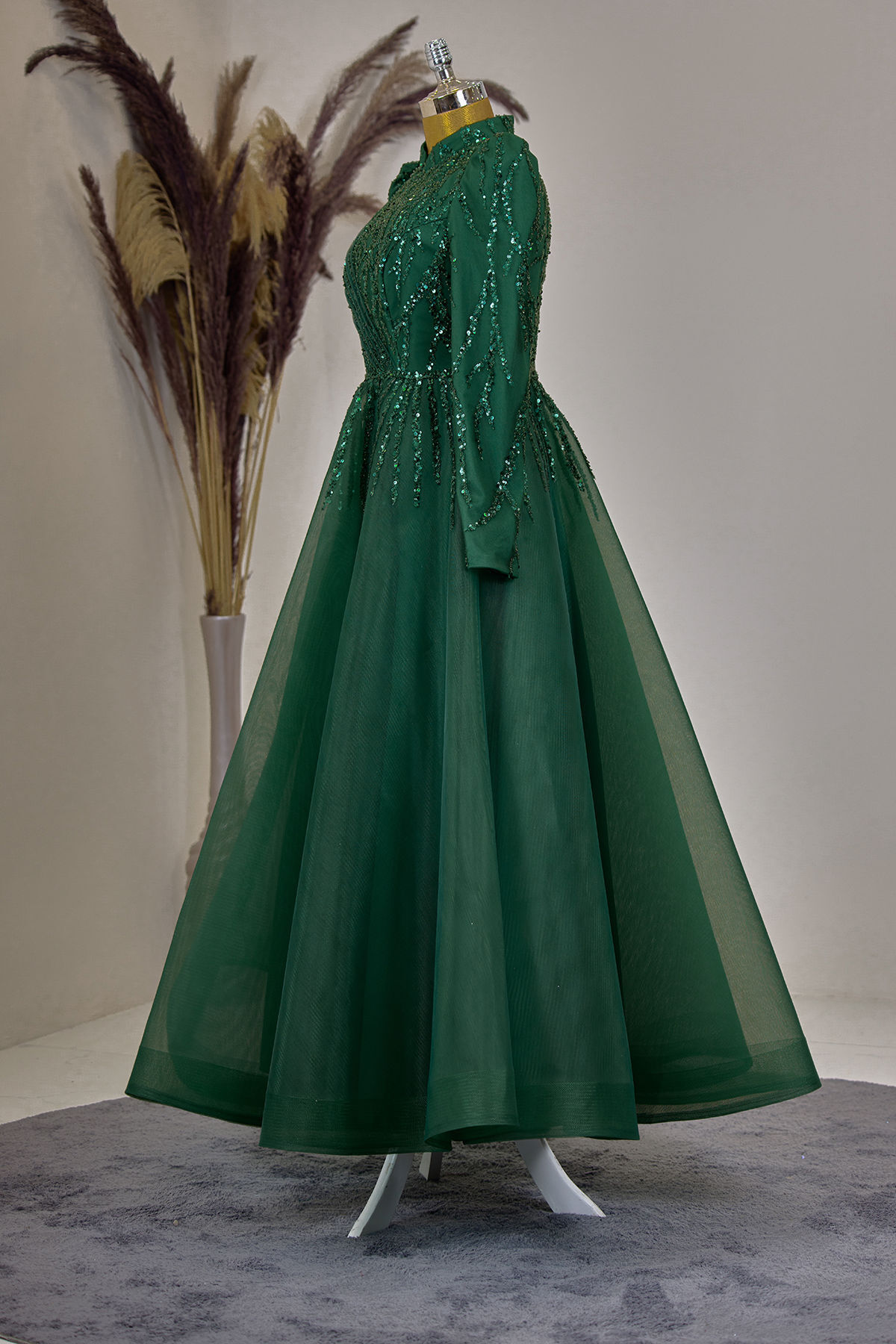 Mila Evening Dress with Draped Front and Applique Embroidery