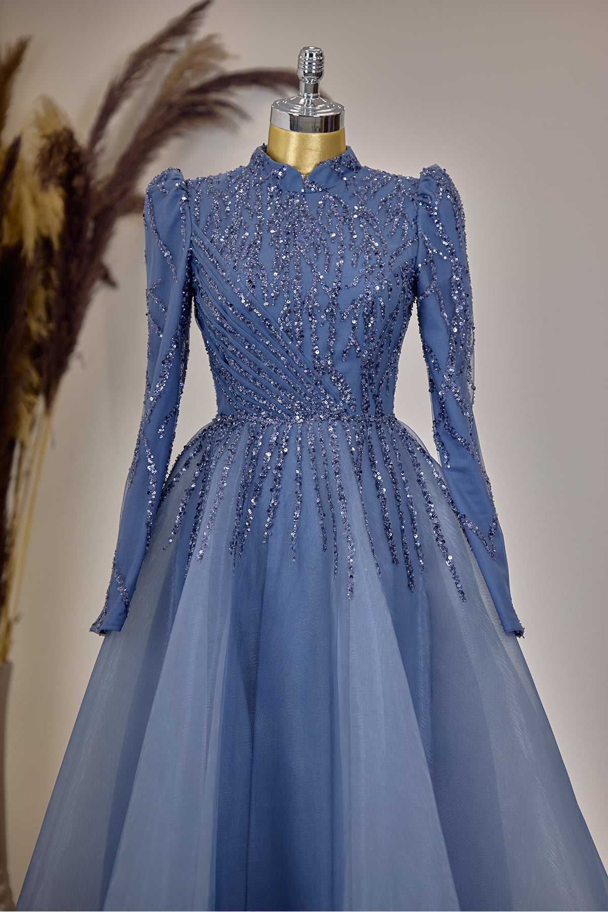 Mila Evening Dress with Draped Front and Applique Embroidery