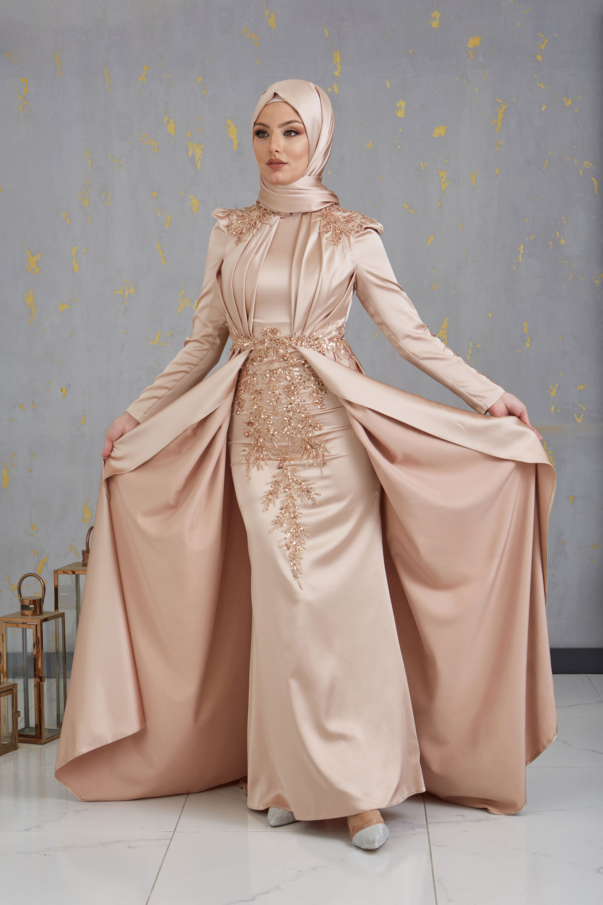 Karaca Hijab Evening Dress with Draped Front and Applique Gold