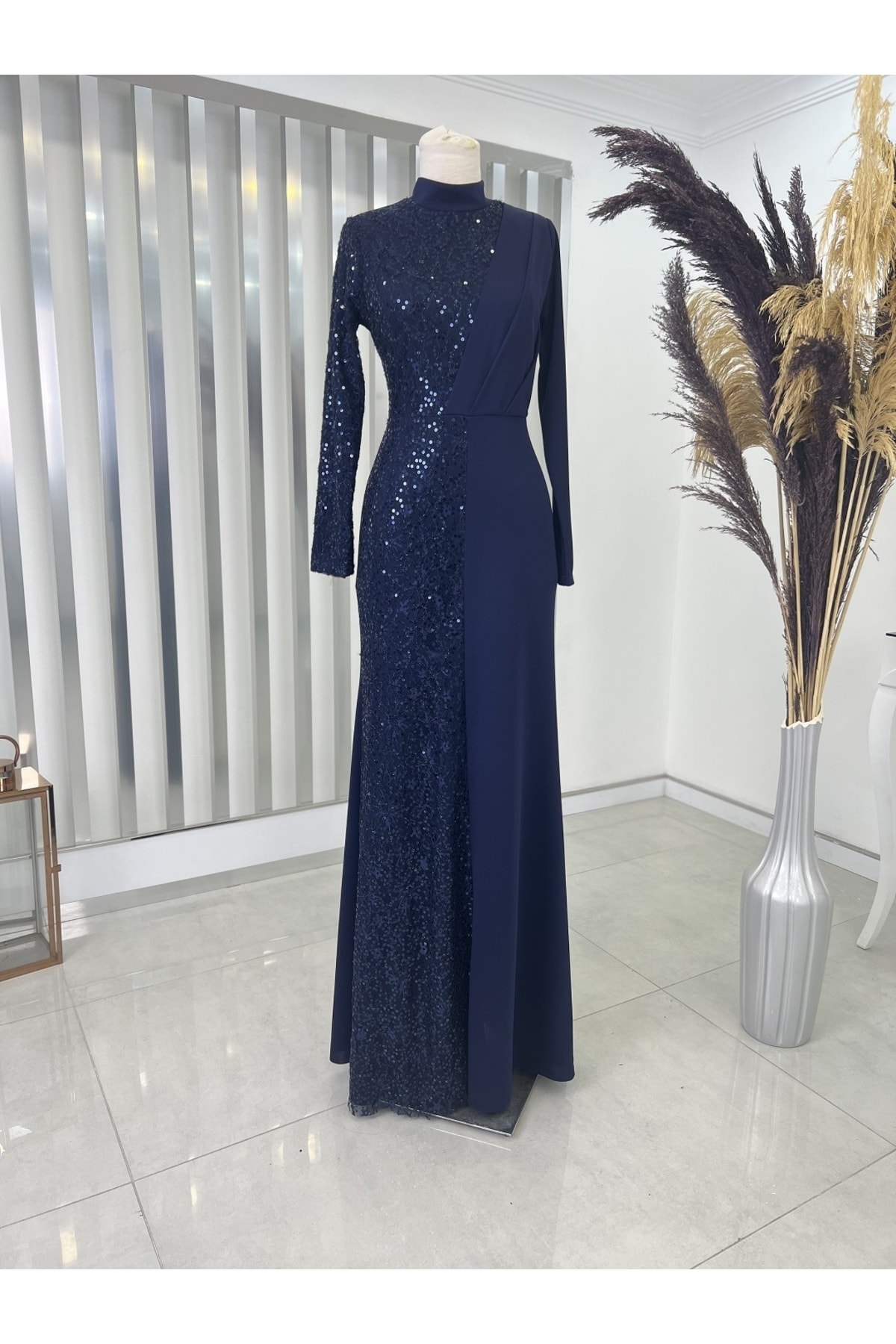 Payetli Açelya Hijab Evening Dress Navy Blue