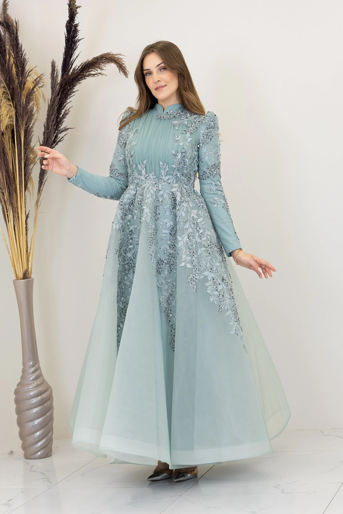 Çiçek İşlemeli Serra Tesettür Abiye - mint - mint