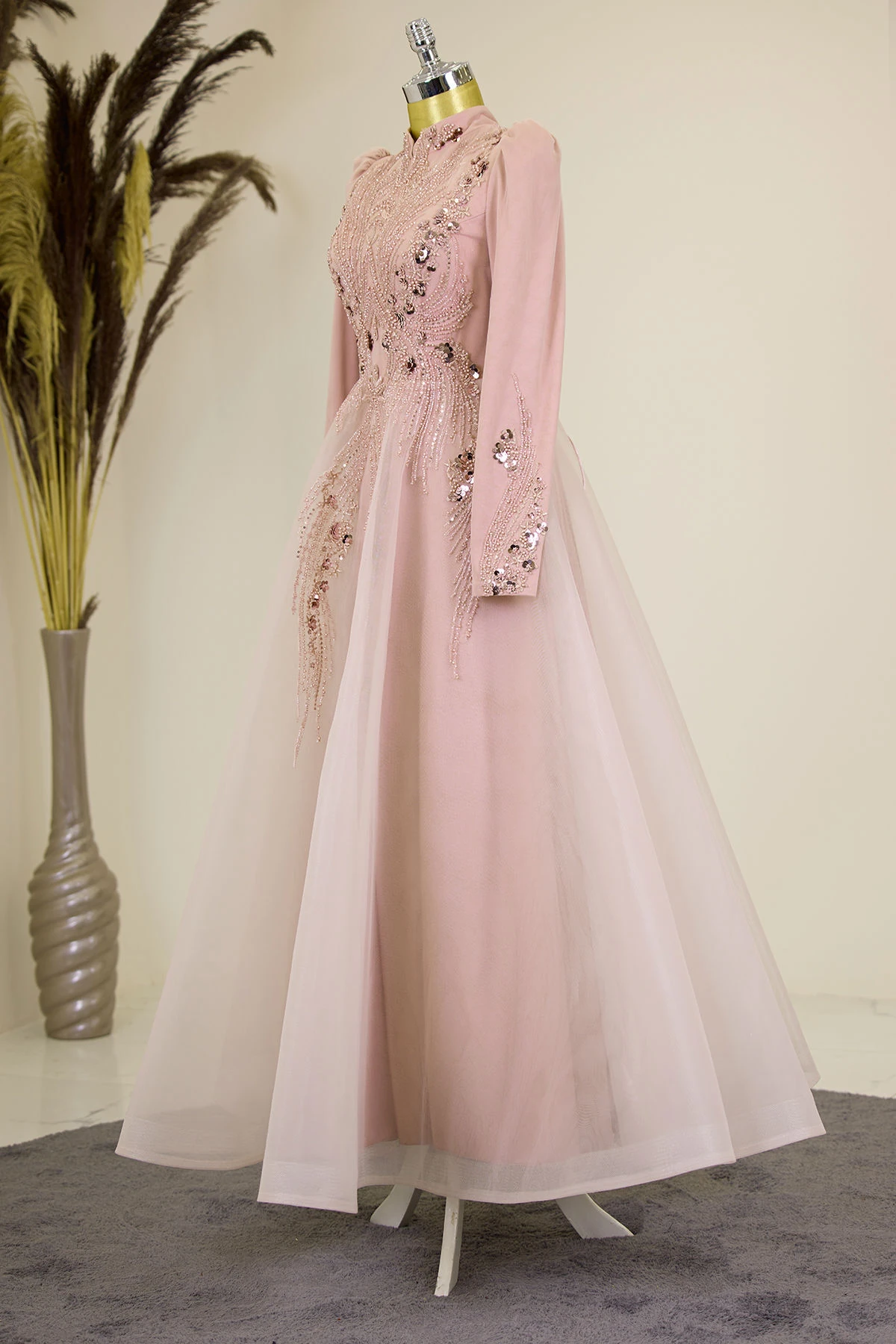 Önü Drapeli Aplik İşlemeli Asya  Abiye - somon