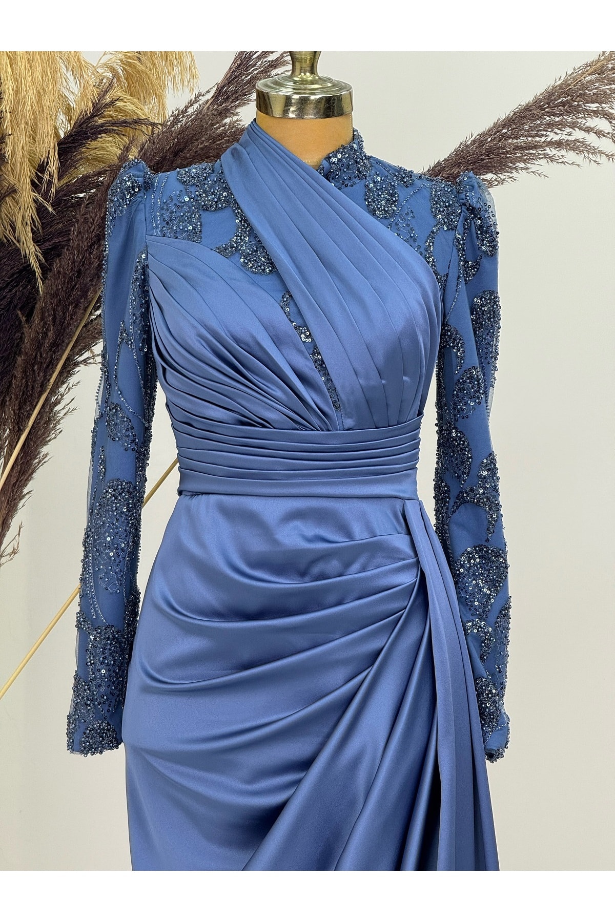 Asude Evening Dress with Draped Front and Tail and Bead Embroidery
