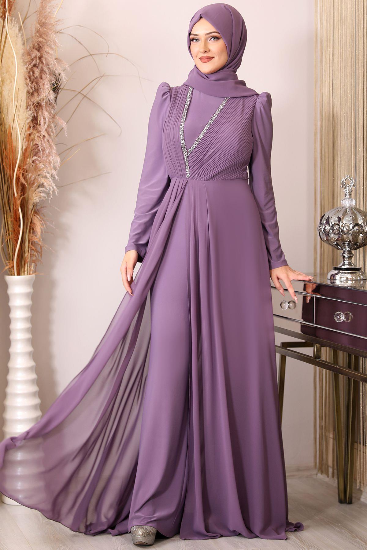 Fliederfarbener Hijab-Overall mit Perlmutt-Frontfalten und Steindetails