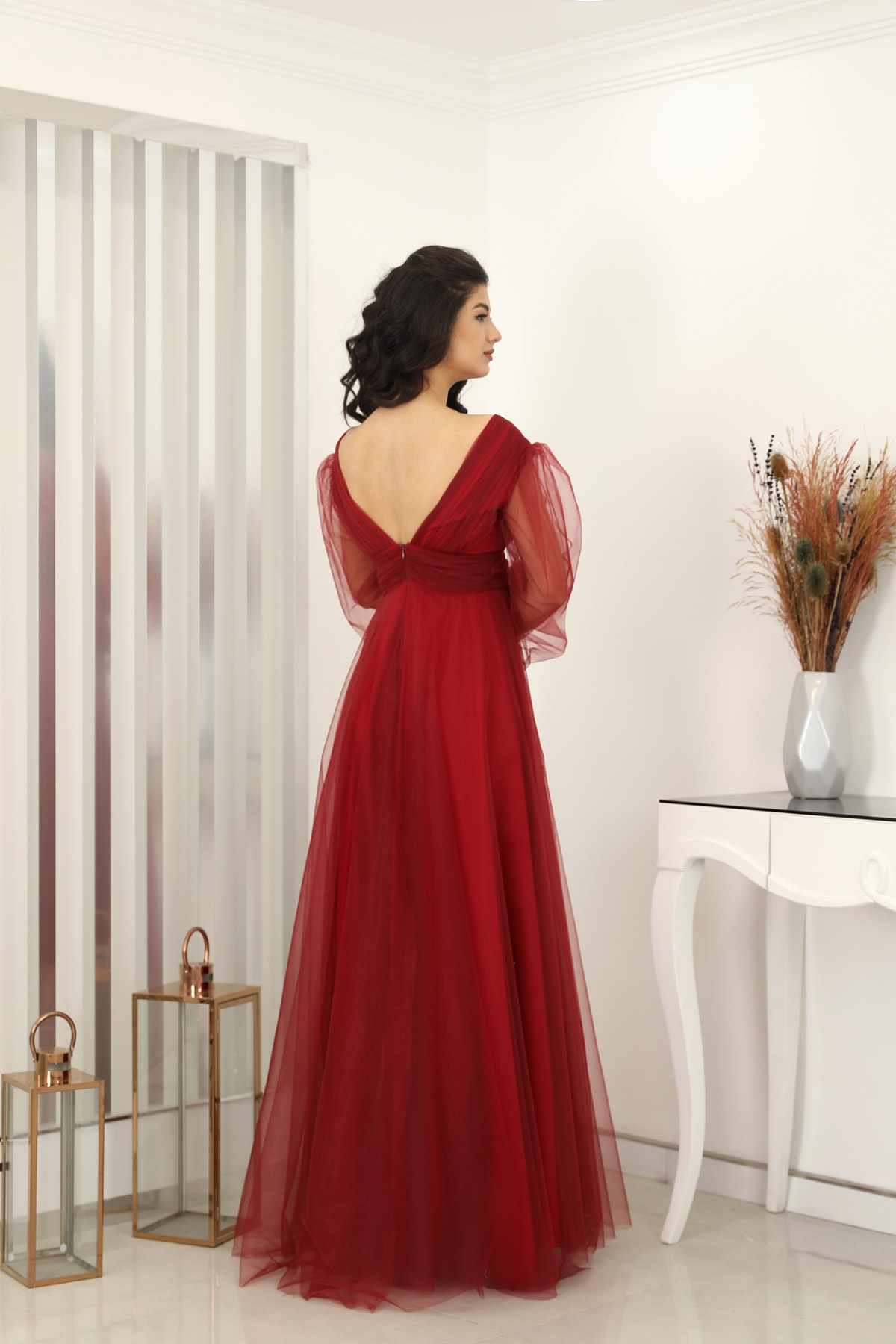 V-Neck Zeren Tulle Evening Dress Burgundy