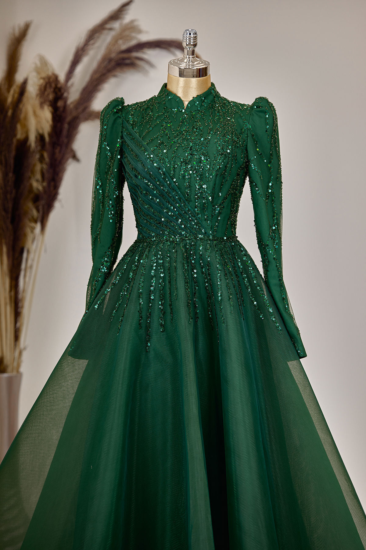 Mila Evening Dress with Draped Front and Applique Embroidery