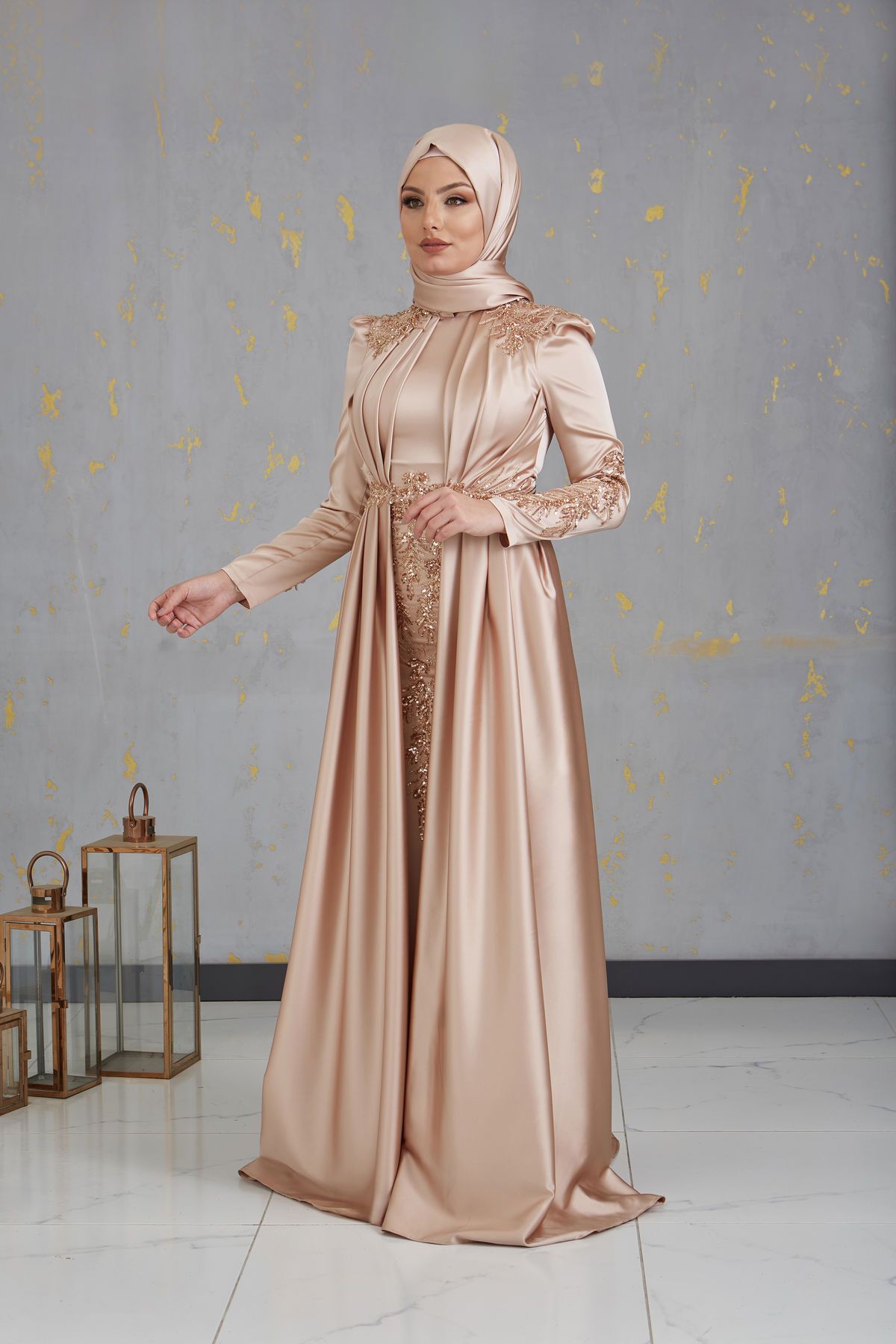 Karaca Hijab Evening Dress with Draped Front and Applique Gold
