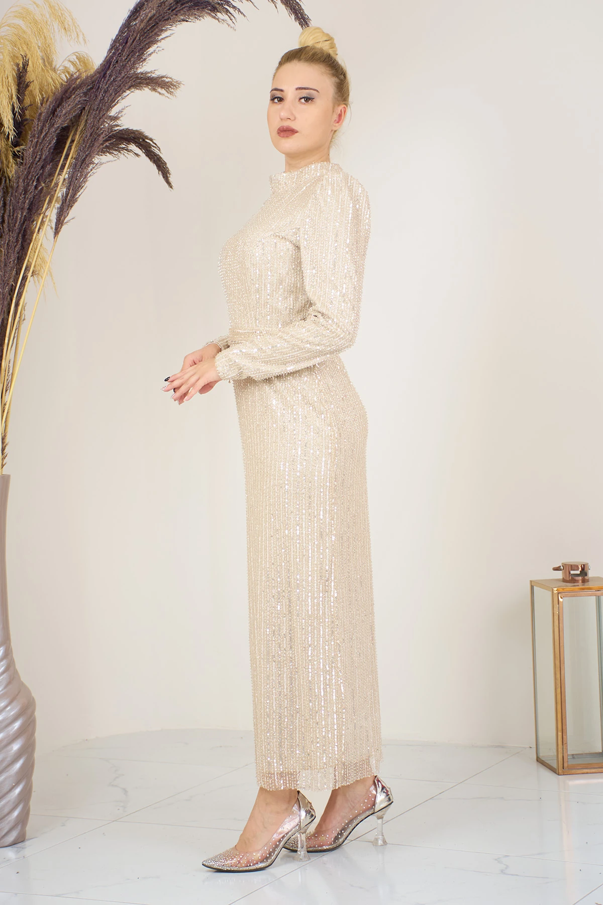 Tül Boncuk İşlemeli Bilek Boy  Asel Abiye - bej