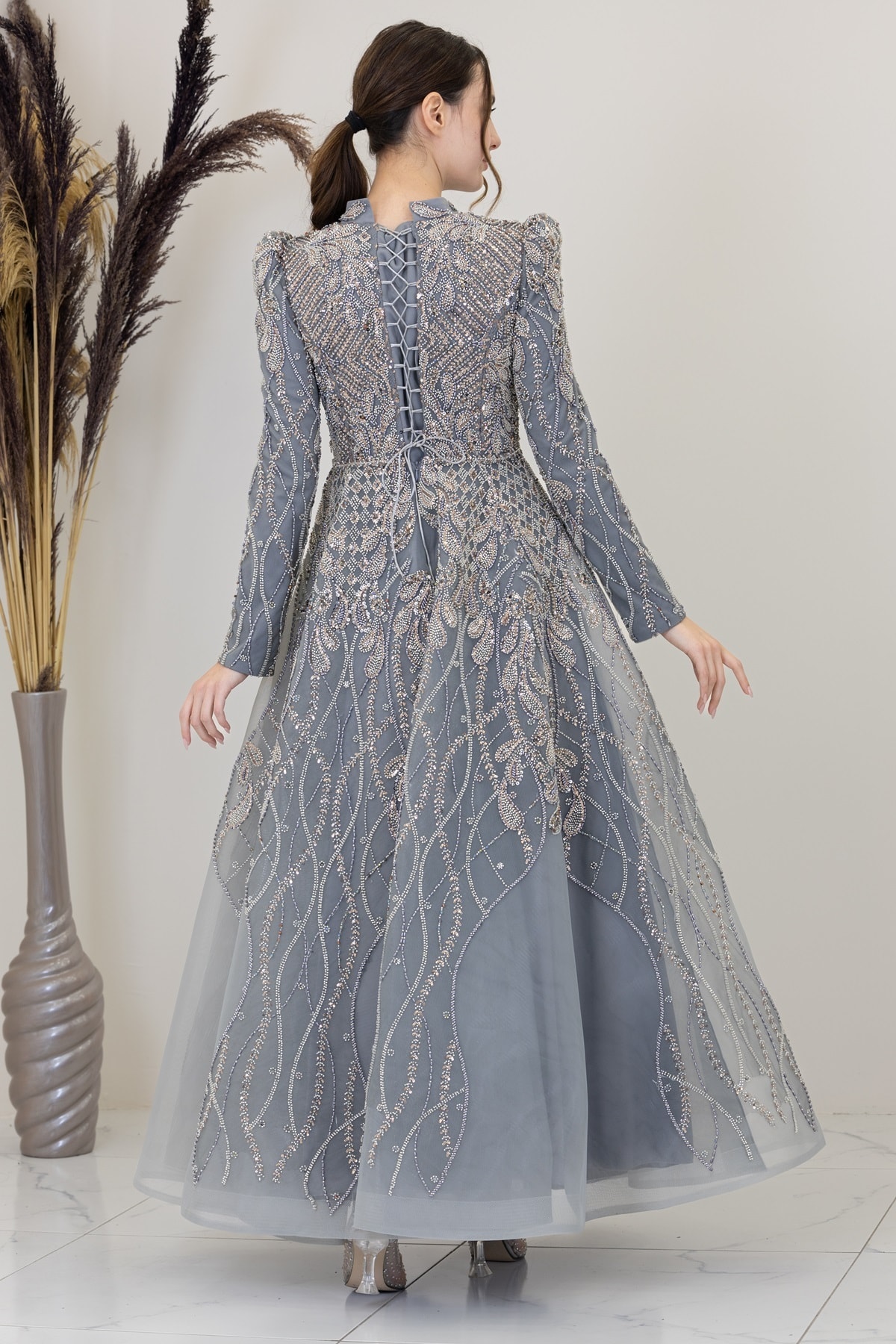 Applique Embroidered Leaf Evening Dress