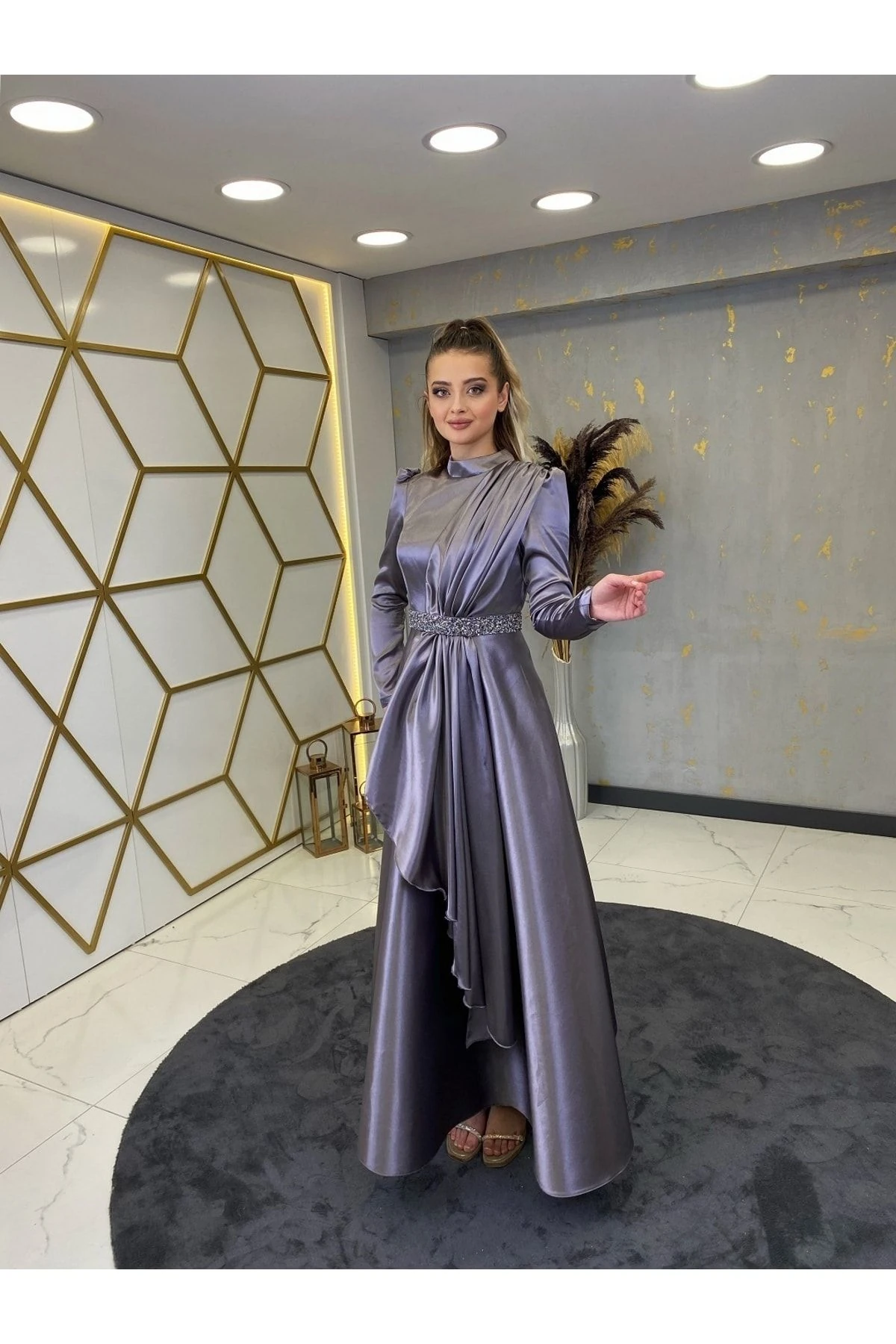 Taş Kemerli Suna Tesettür Abiye - gri