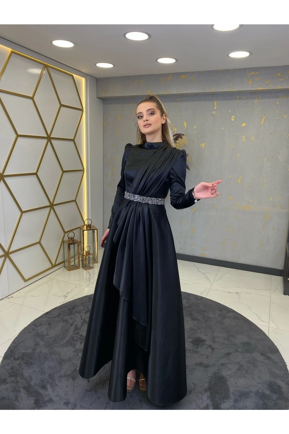 Taş Kemerli Suna Tesettür Abiye - siyah