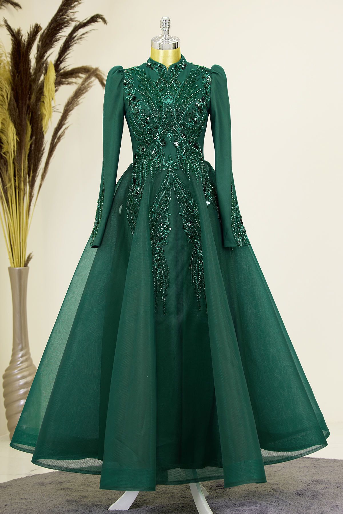 Asian Evening Dress with Draped Front and Applique Embroidery