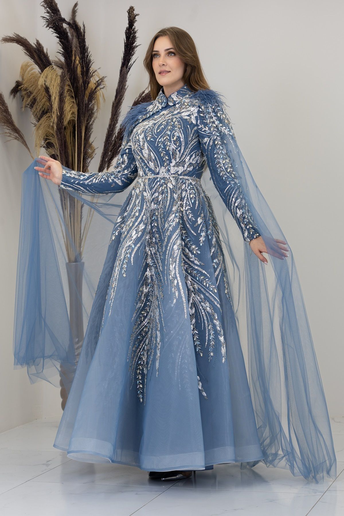 Kayra Evening Dress with Front Applique Embroidered Cape