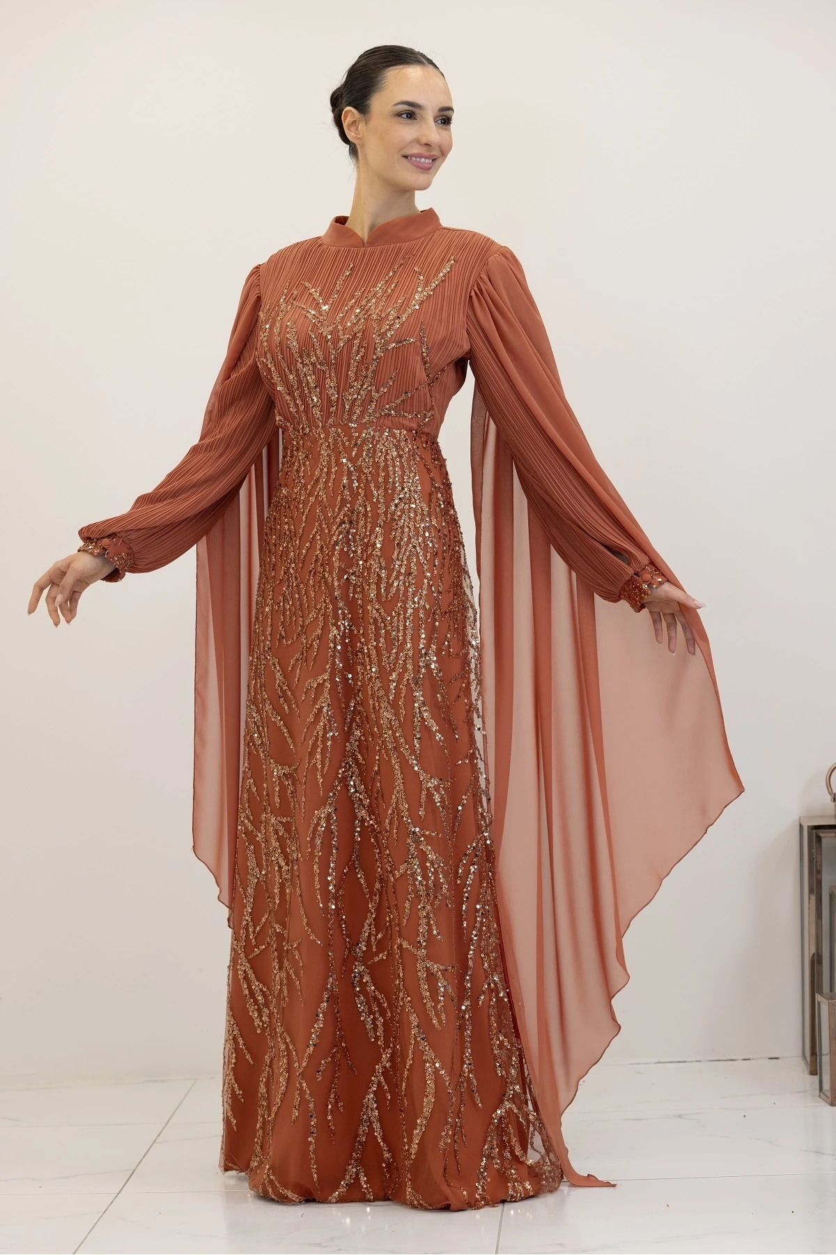 Kolları Pelerinli Ezgi Abiye - kiremit