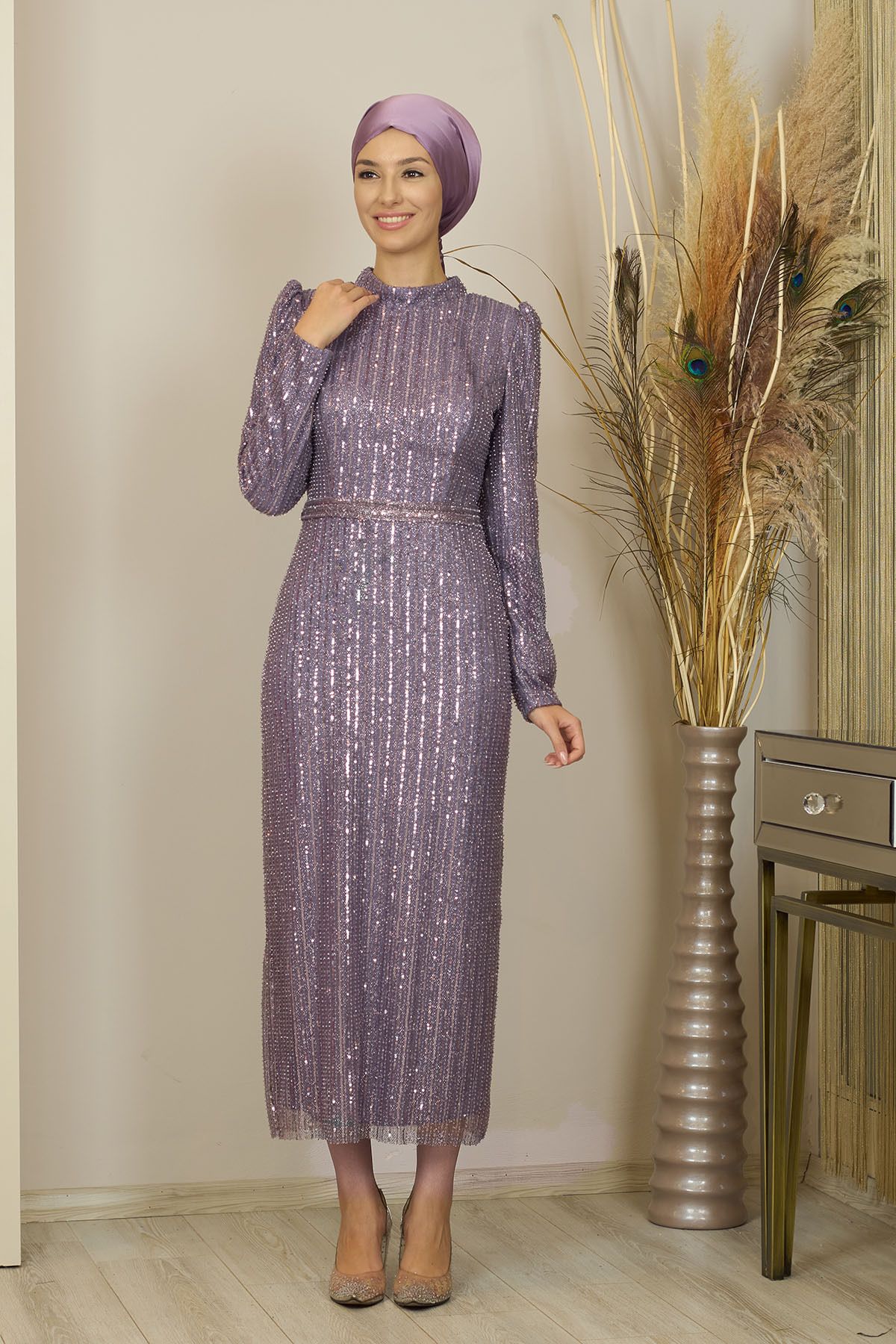 Flod V-Neck Sena Evening Dress Fuulle Bead Embroidered Ankle Length  Asel Evening Dress