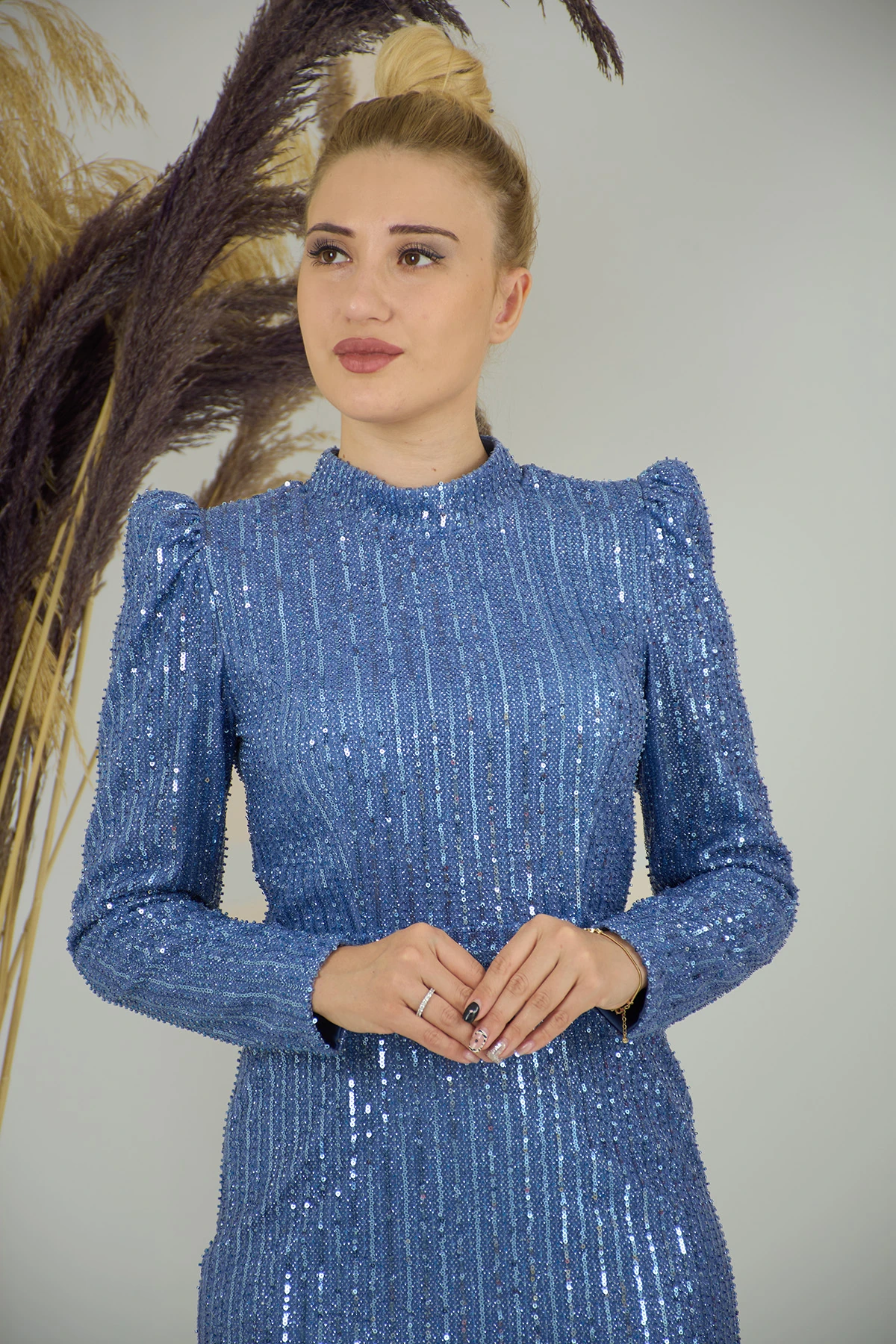 Tül Boncuk İşlemeli Bilek Boy  Asel Abiye - indigo