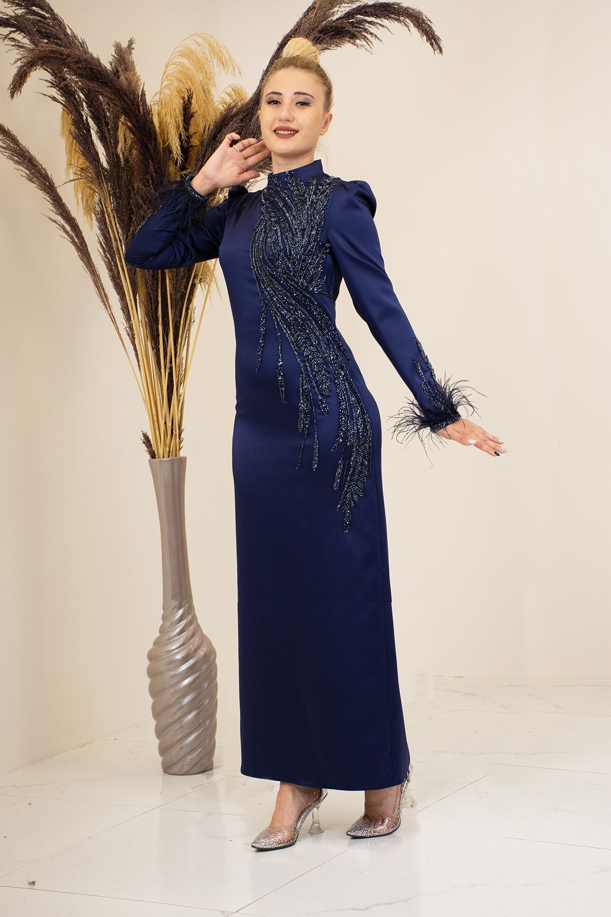 Nara Evening Dress with Bead Applique Embroidery on the Front and Feathered Sleeves