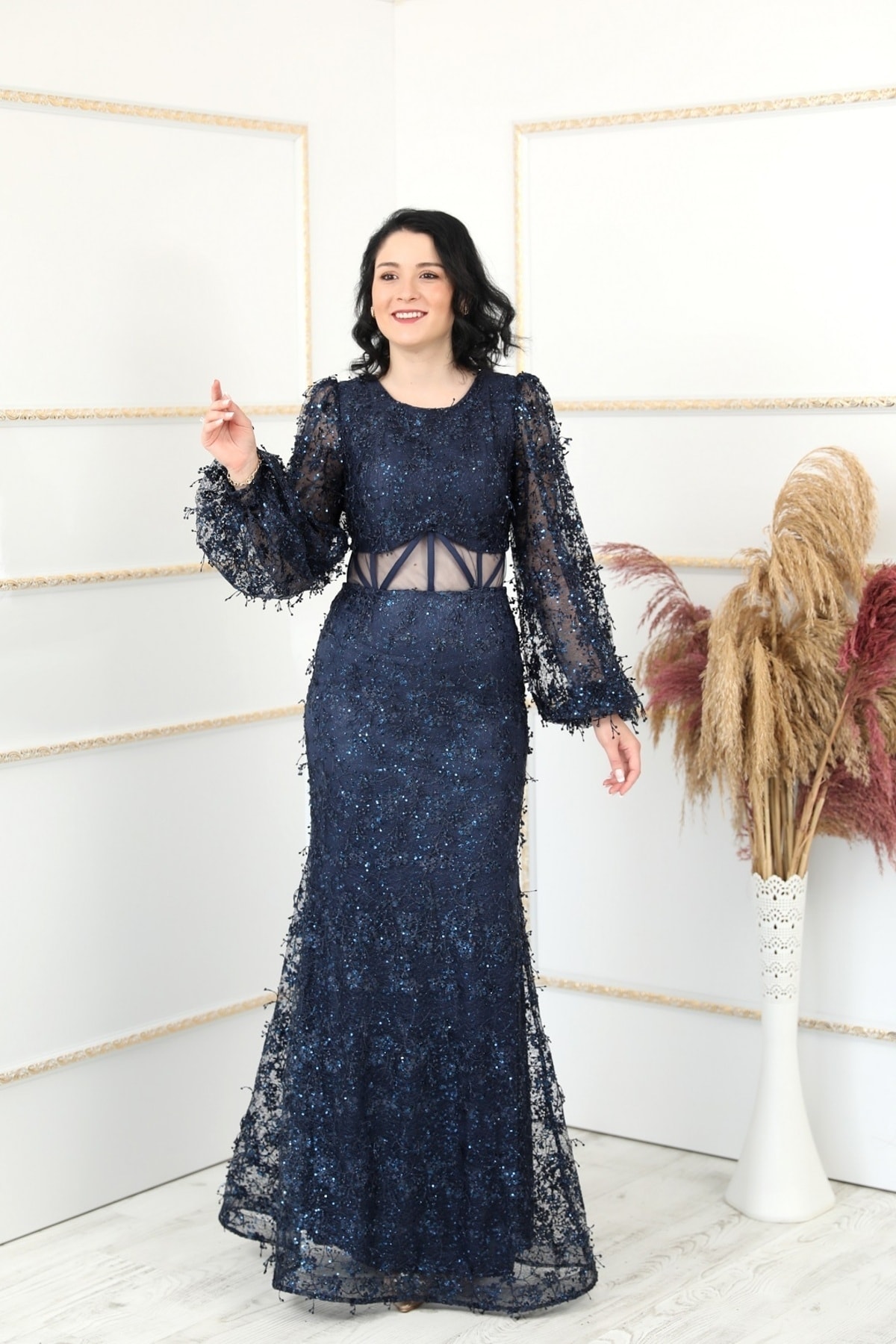Taille transparenter Gürtel V-Ausschnitt Sena Abendkleid Fuchsia
