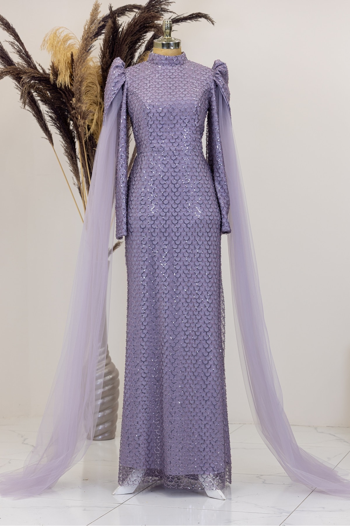 Noble Hijab Evening Dress with Cape Sleeves