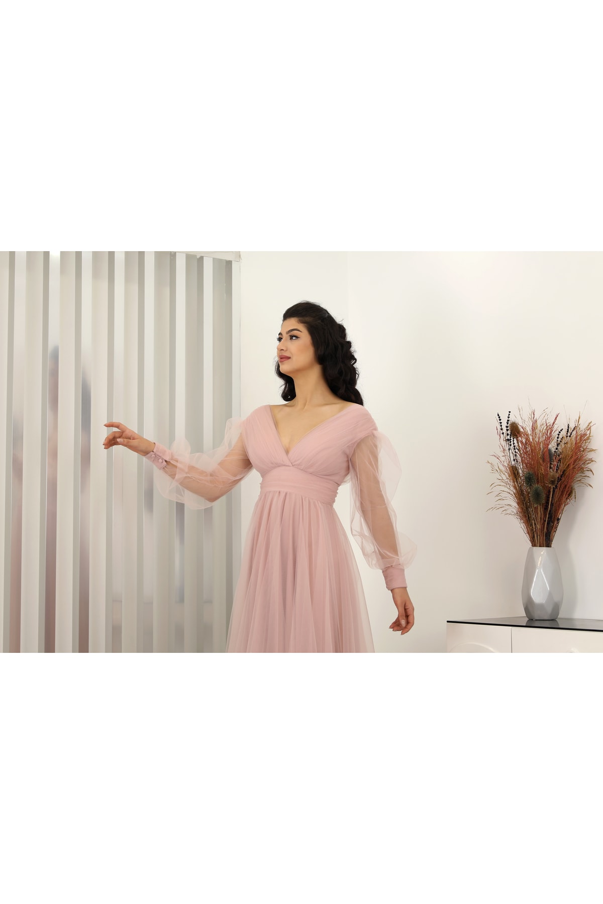 V Yaka Zeren Tül Abiye Bordo - pudra pembe