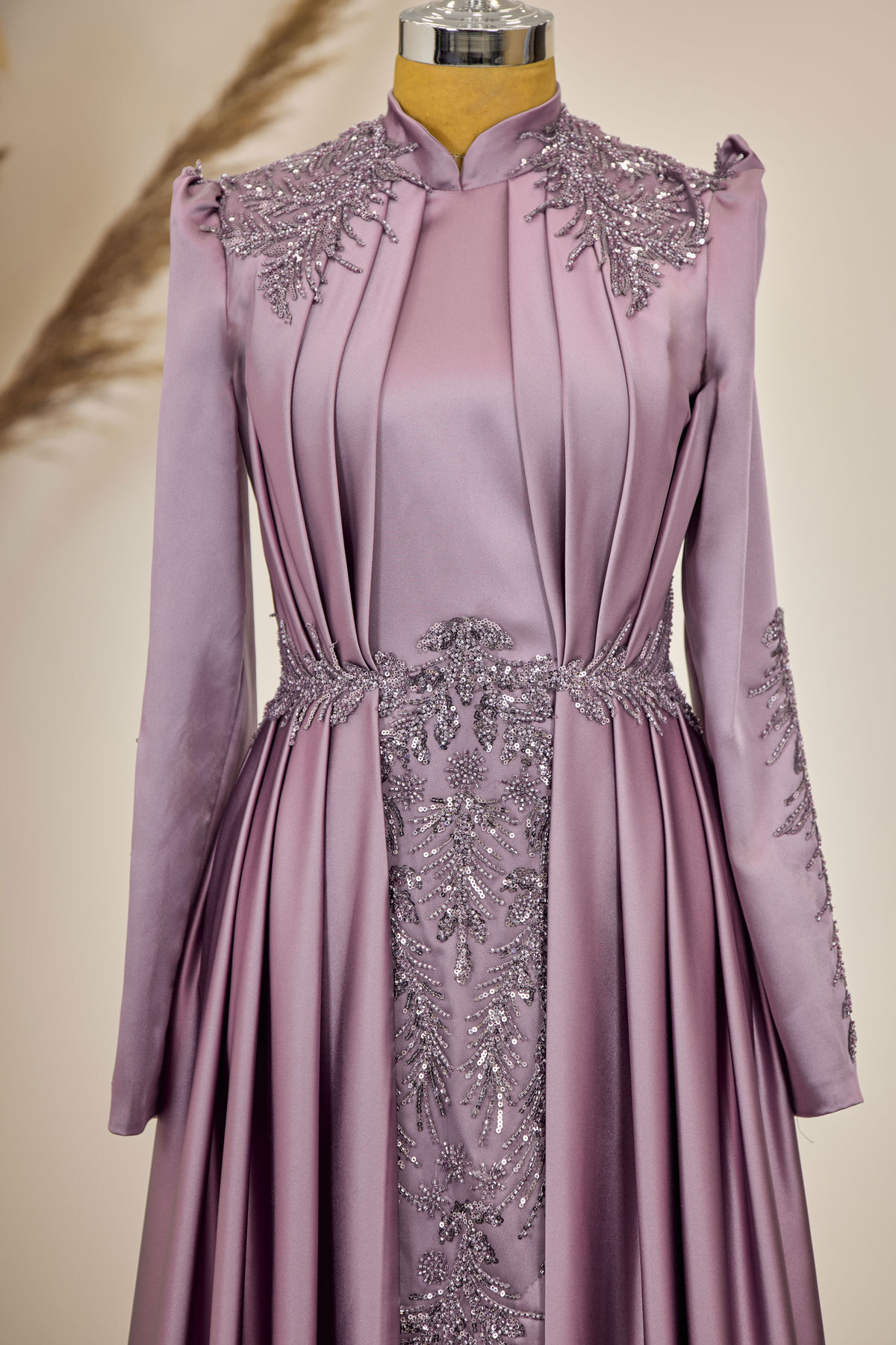 Karaca Hijab Evening Dress with Draped Front and Applique Dusty Rose