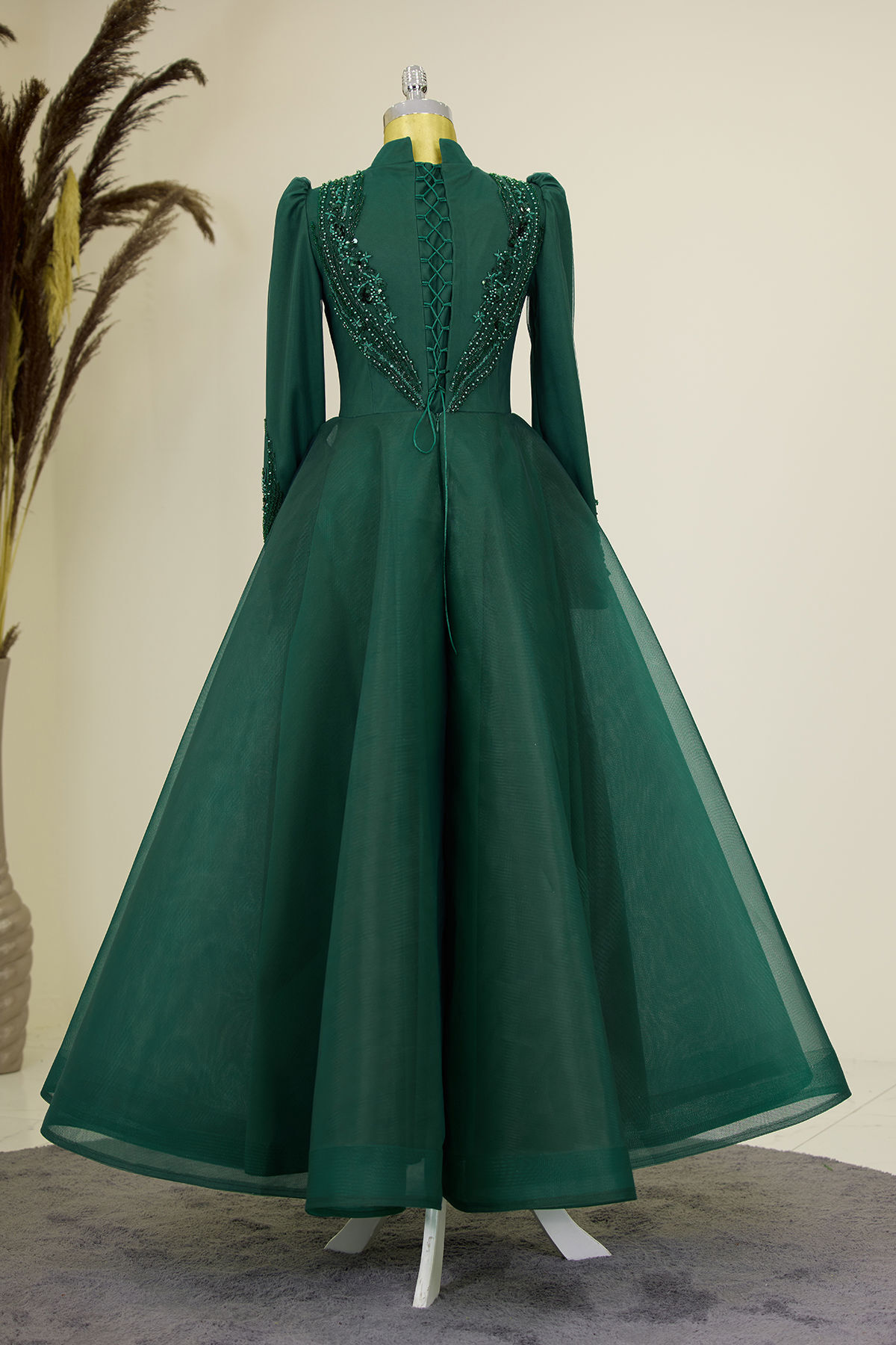 Asian Evening Dress with Draped Front and Applique Embroidery