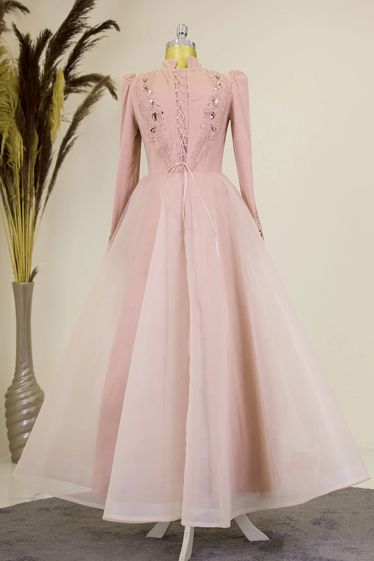 Önü Drapeli Aplik İşlemeli Asya  Abiye - somon