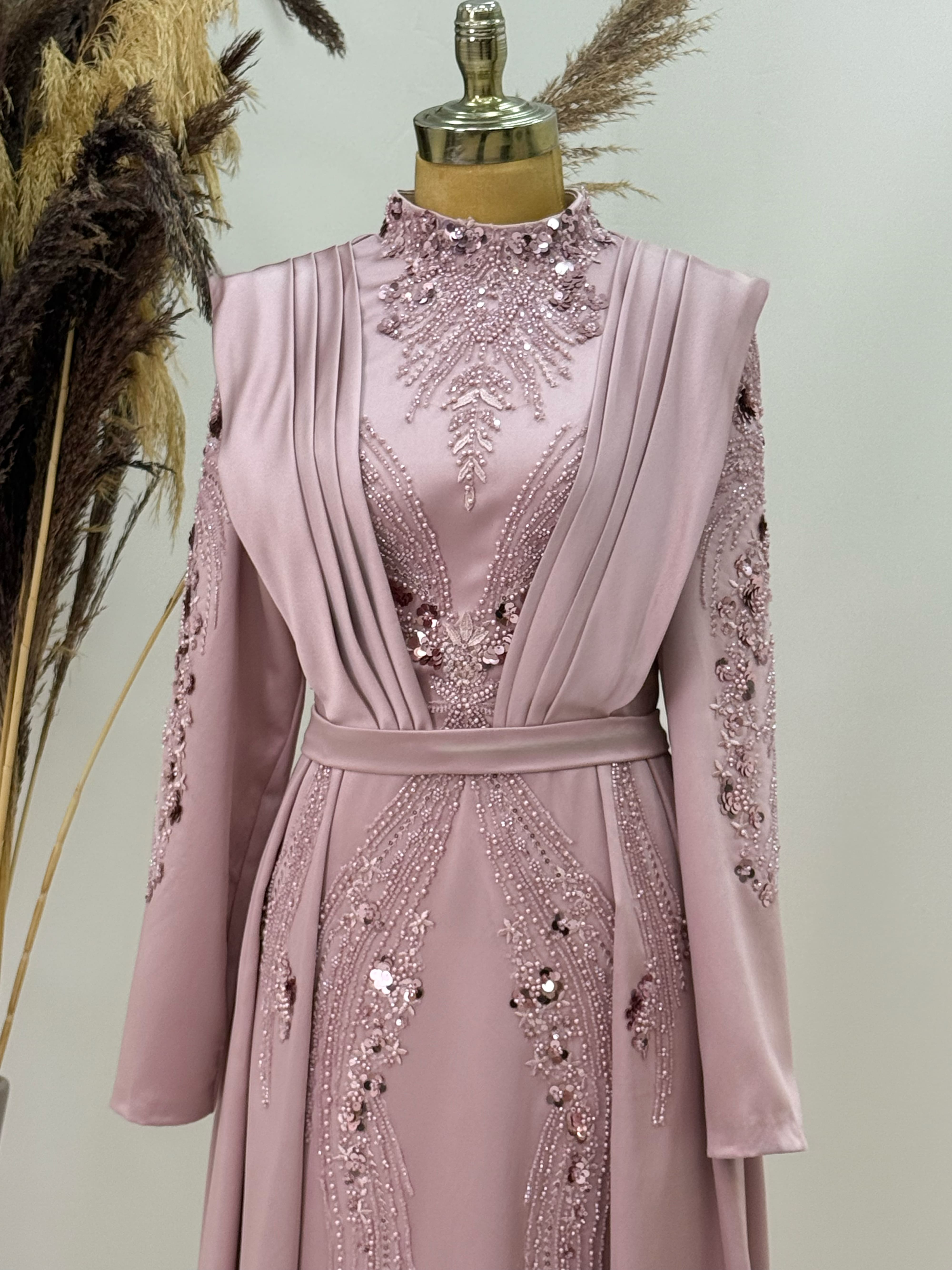 Miranda Evening Dress with Draped Front and Tail and Bead Embroidery - Powder Pink