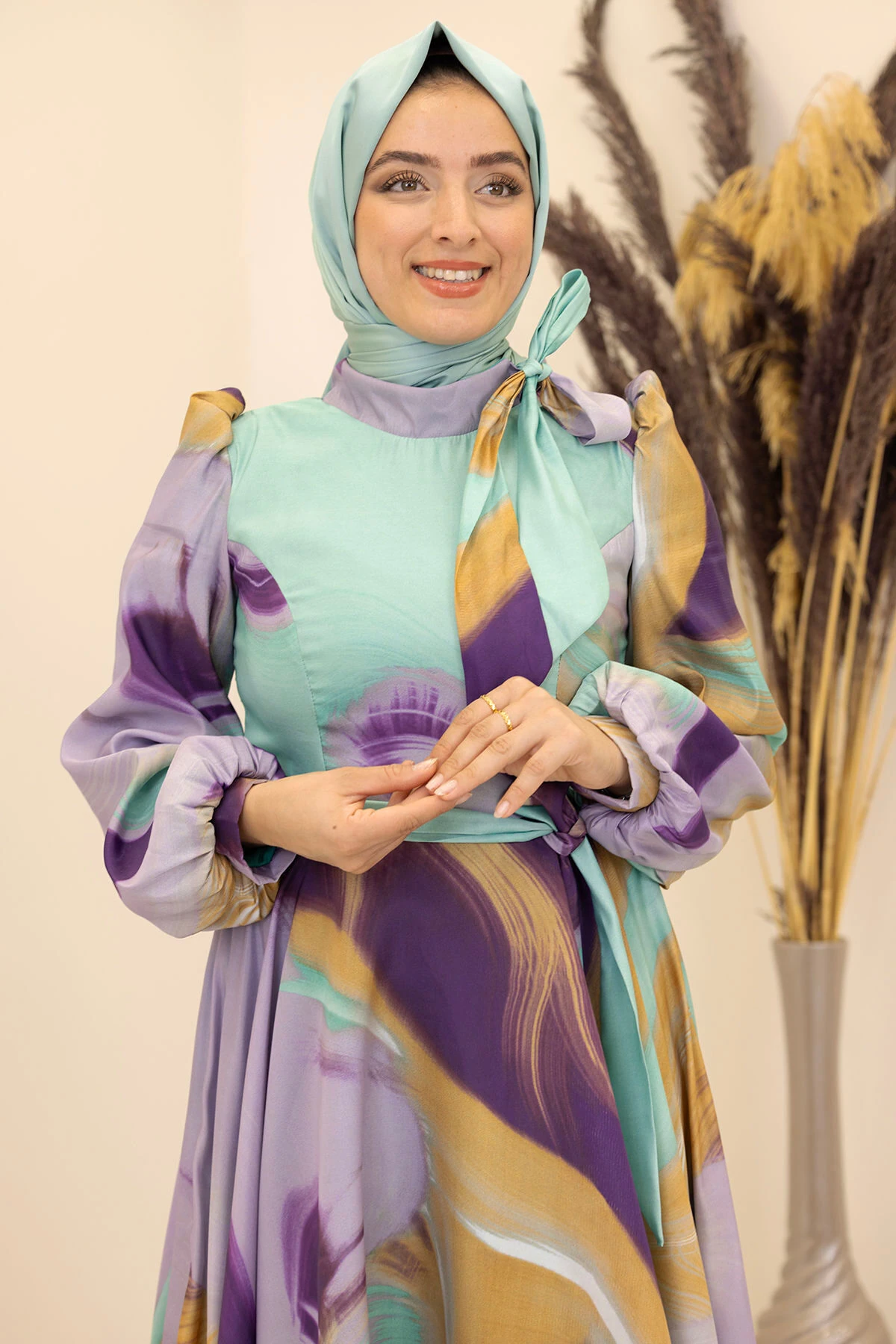 İpek Saten Kemerli Yakası Fiyonklu Desenli Ebruli Elbise - mint