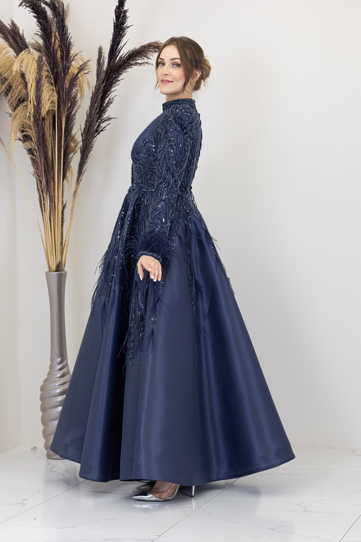 Katre Evening Dress with Draped Front and Applique Embroidery