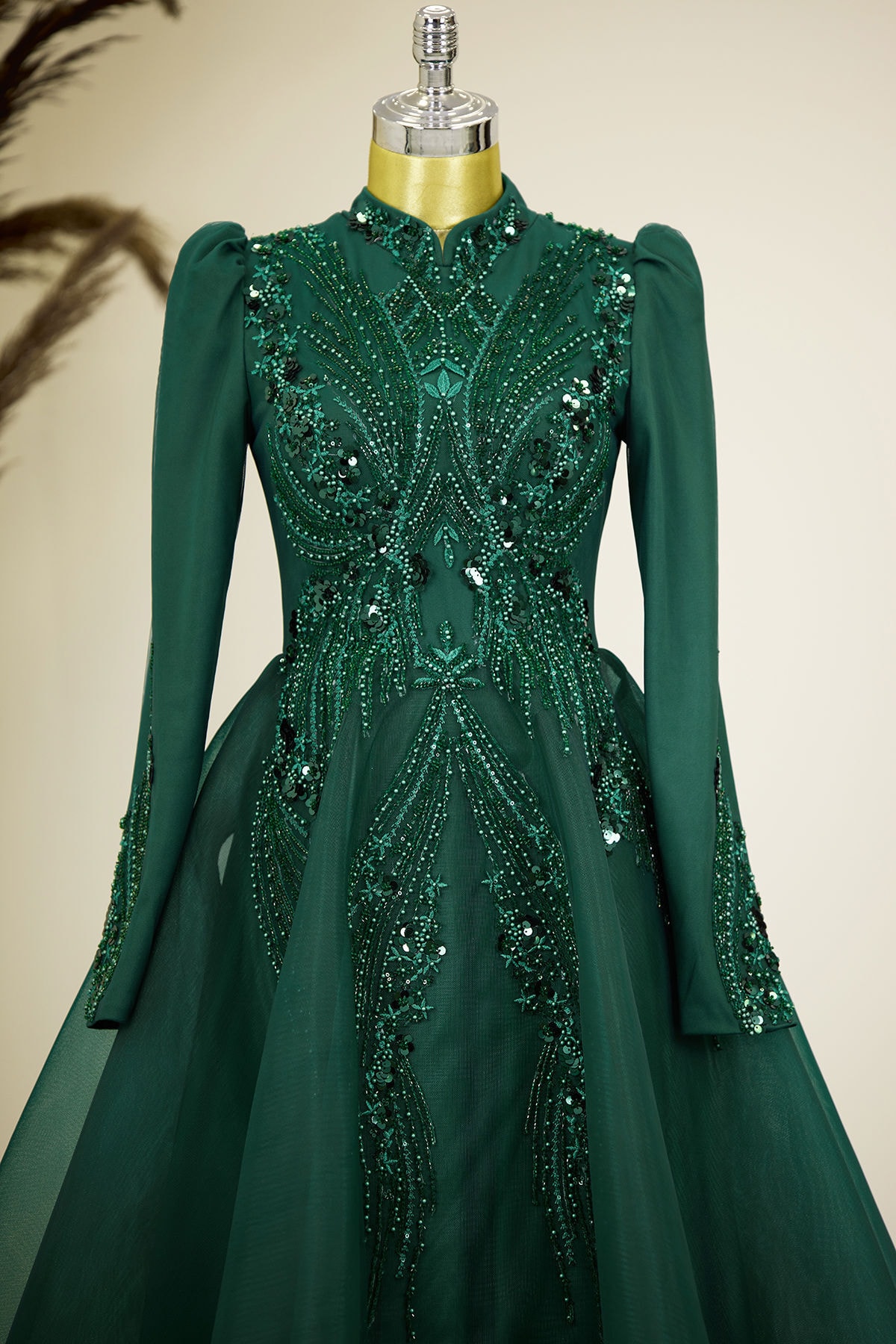 Asian Evening Dress with Draped Front and Applique Embroidery