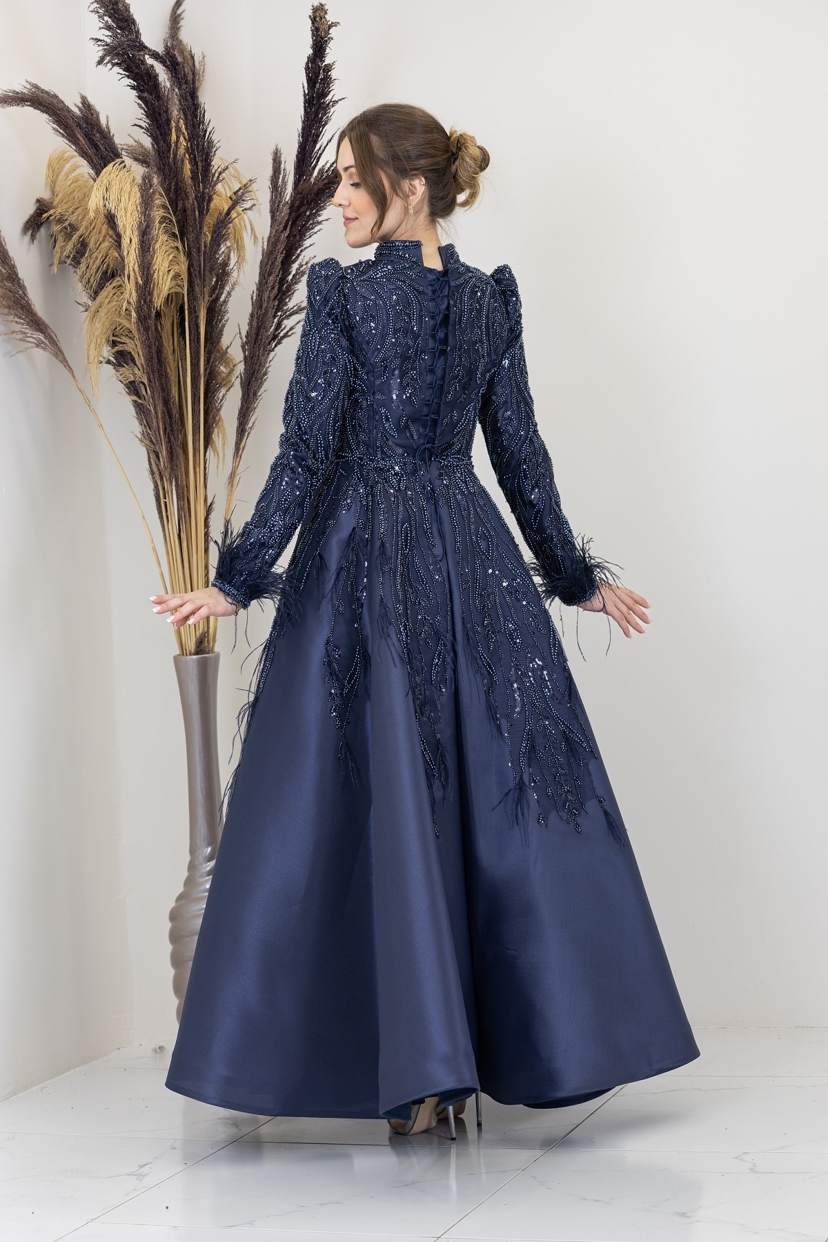 Katre Evening Dress with Draped Front and Applique Embroidery