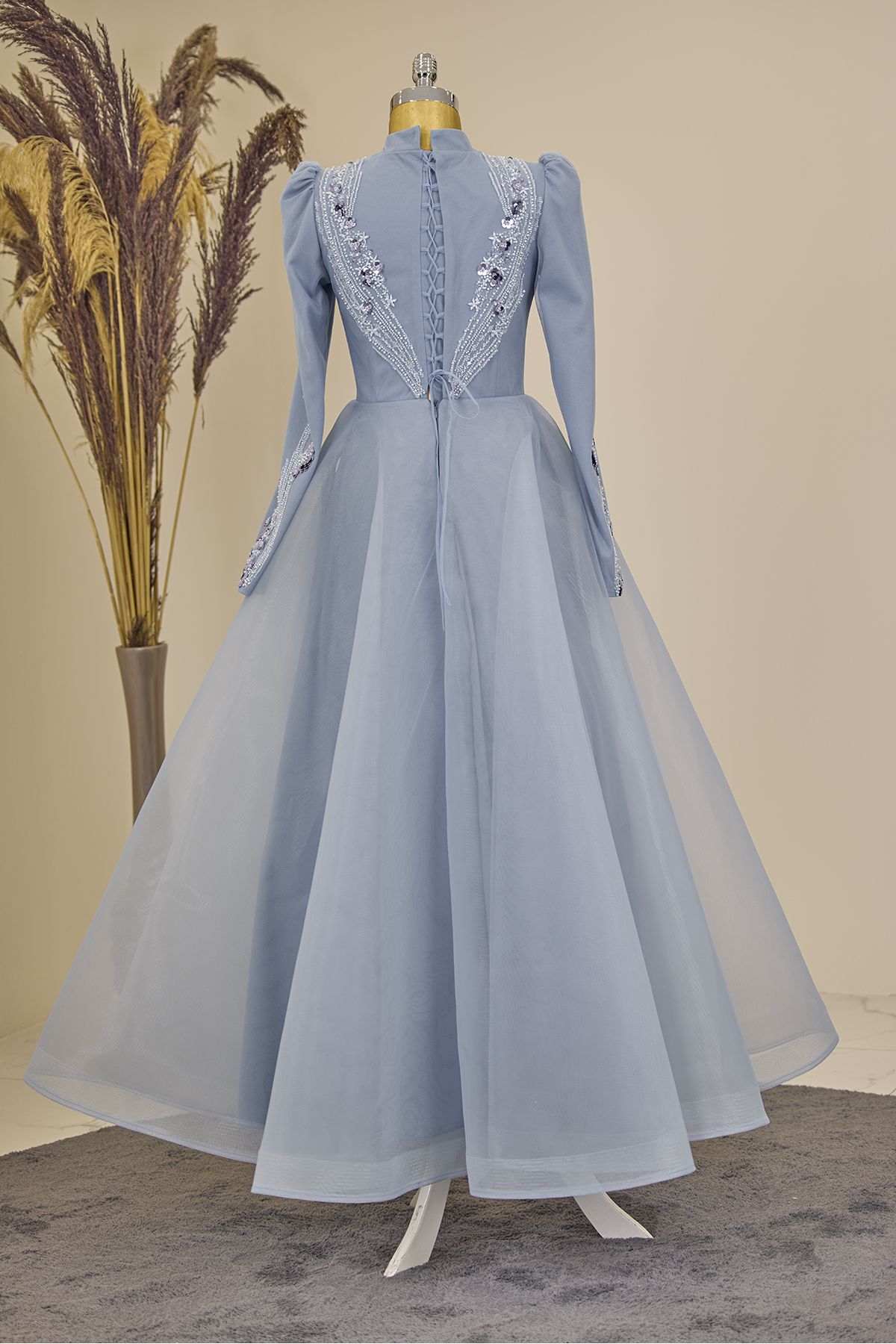 Önü Drapeli Aplik İşlemeli Asya  Abiye - bebe mavisi