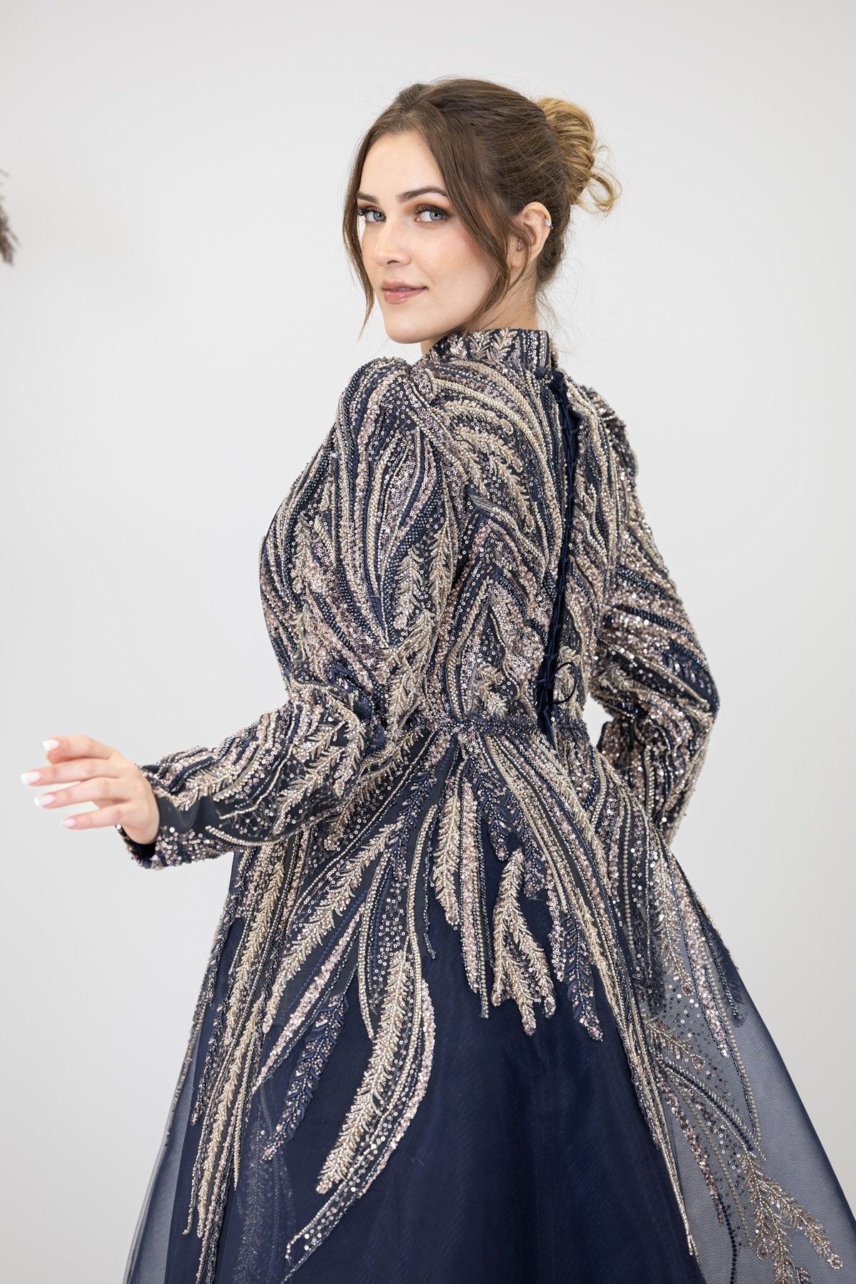 Kübra Evening Dress with Draped Front and Applique Embroidery