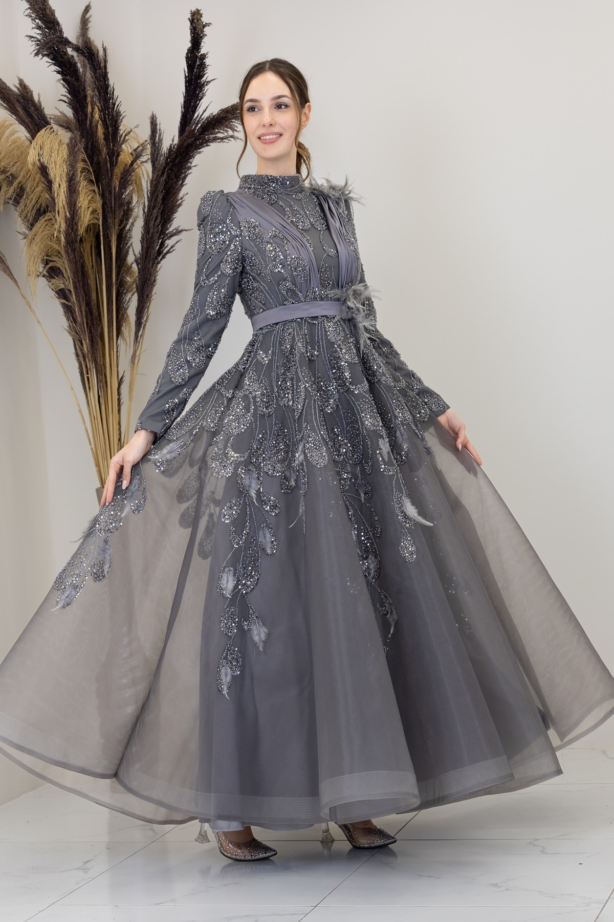 Icon Evening Dress with Tulle Detail on the Shoulders and Waist