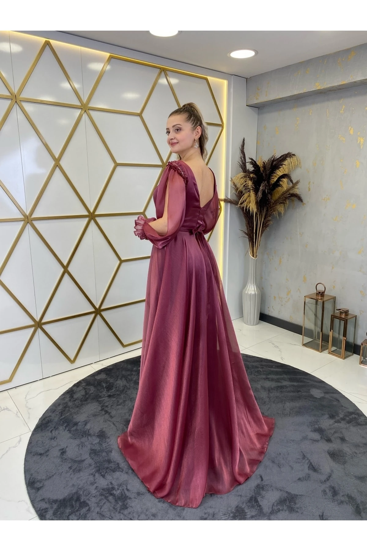 Kuşaklı V Yaka Sena Abiye Fuşya