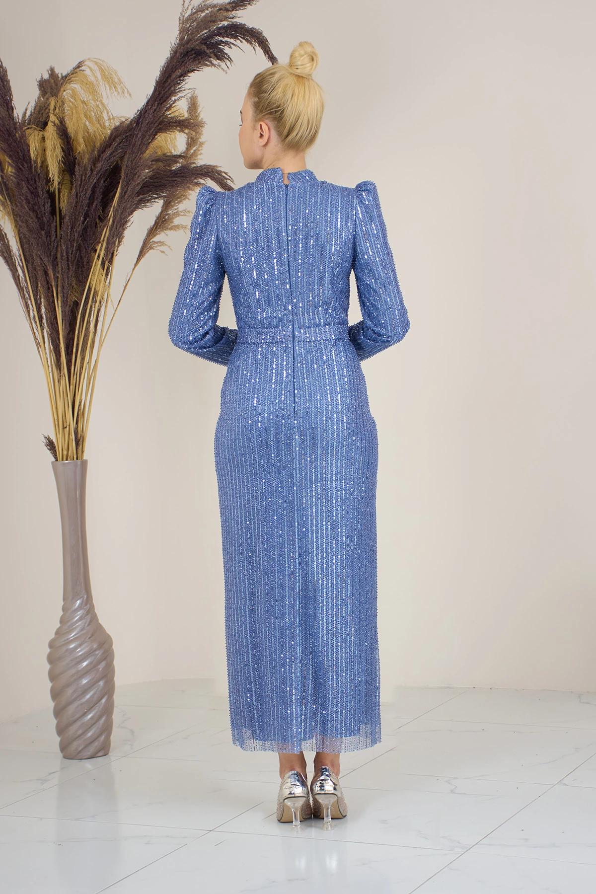 Tül Boncuk İşlemeli Bilek Boy  Asel Abiye - indigo