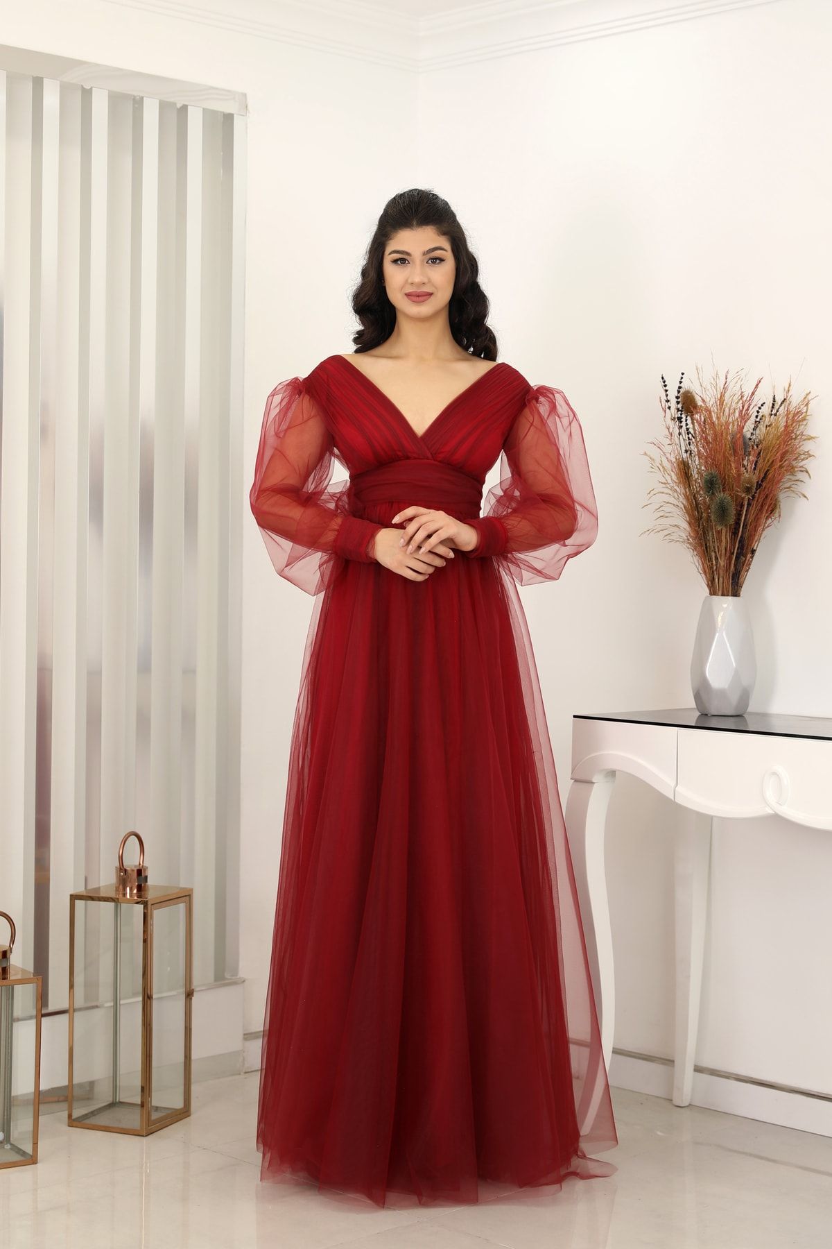 V-Neck Zeren Tulle Evening Dress Burgundy